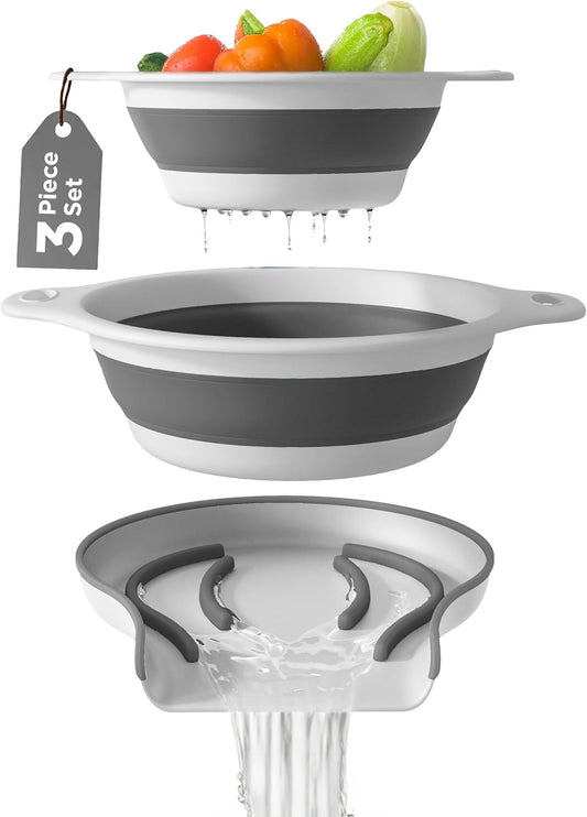 Collapsible Colanders (2 Pack Set) Food Strainers with Over-Sink Water Draining Base for Pasta Fruits and Vegetables (4 and 5 Quart) - White Gray