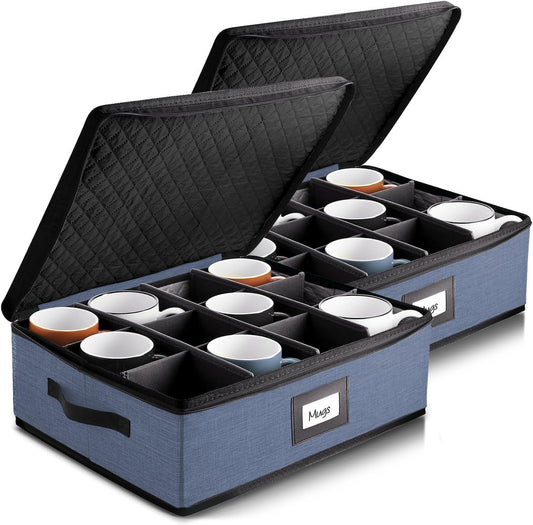 Coffee Mug Storage, 2 Pack Quilted and Stackable Coffee Cup Storage Organizer for Service of 24, Mug Storage Box with Dividers, China Containers Hard Shell for Moving and Organization, Blue