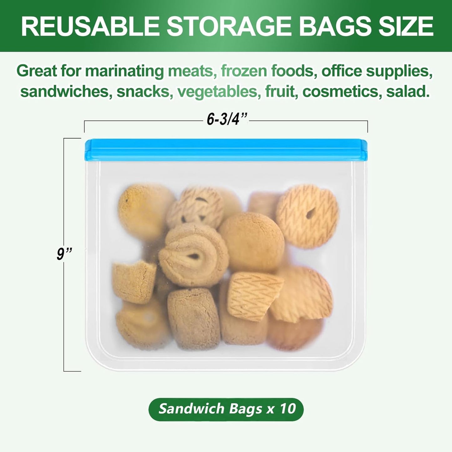 Reusable Freezer Bags - 10 Pack Sandwich Bags BPA Free, Leakproof, Extra Thick | Food Storage Bags for Freezer, Meal Prep, Travel, Kitchen, Salad & Marinate