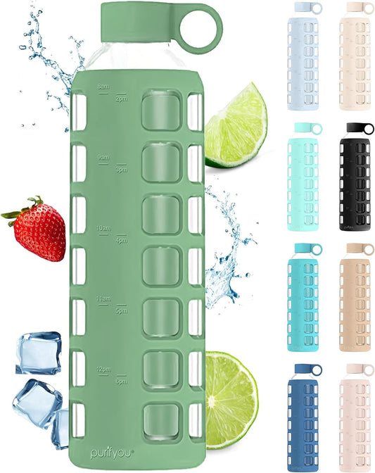 purifyou 40oz / 32oz / 22oz / 12oz Borosilicate Glass Water Bottle with Time & Volume Markers, Silicone Sleeve, Stainless Steel Lid – Reusable Glass Bottle for Water & Juice (32oz Shale Green)