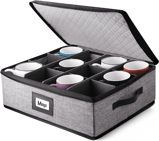 Hearth & Harbor Coffee Mug Storage, Quilted and Stackable Coffee Cup Storage Organizer for Service of 12, Mug Storage Box with Dividers, China Containers Hard Shell for Moving and Organization, Grey