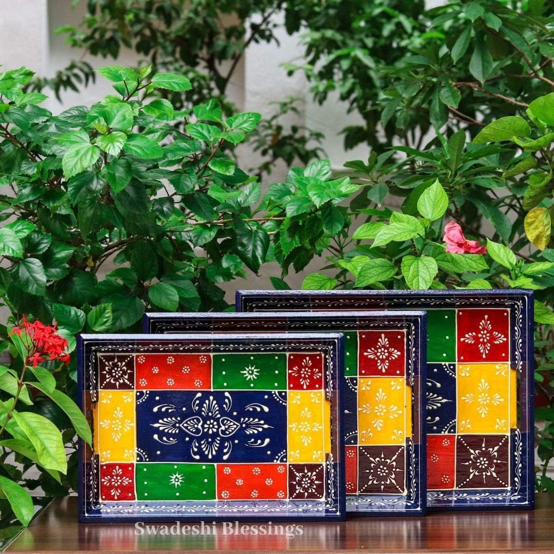 Swadeshi Blessings Wooden Serving Tray Set- Handcrafted & Hand-Painted for Kitchen/Table & Home Decor/Dinning/Gifts/Restaurants/Living Room/Coffee Table (Set of 3 Trays) (Blue)
