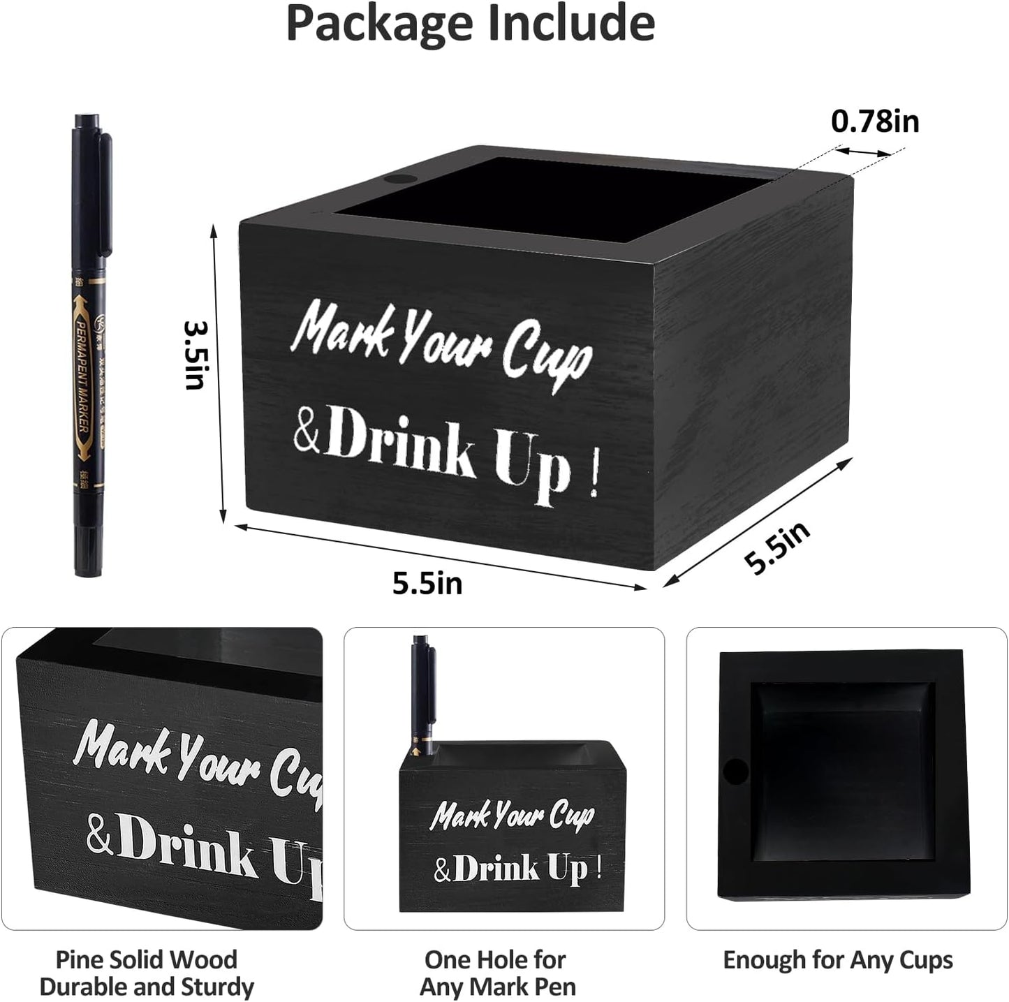 Wooden Party Cup Holder - With Marker Slot, Rustic Disposable Cup Holder for Bar, Kitchen, Countertop, Home & Office, Black