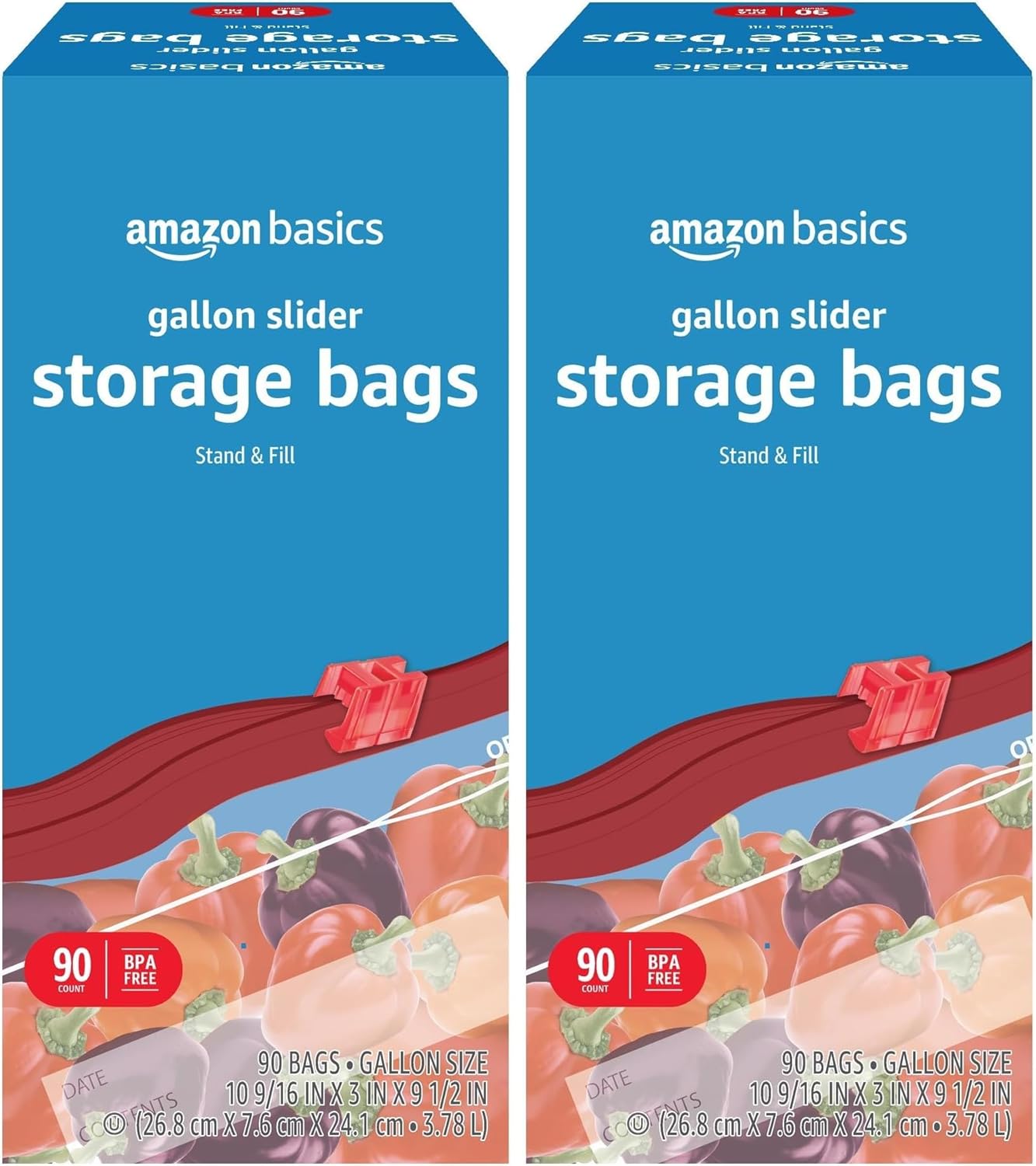 Amazon Basics Slider Gallon Food Storage Bags, Stand & Fill, 90 Count (Pack of 2)