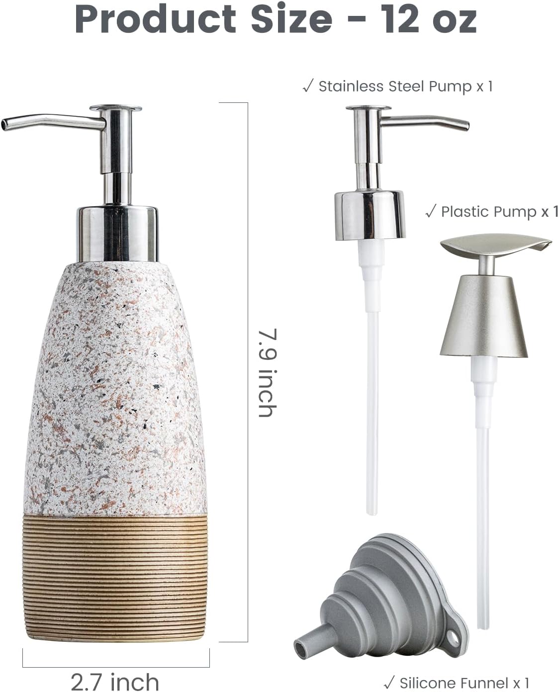Soap Dispenser Set for Shower, Ceramic Refillable Soap Bottle for Shampoo, Conditioner, Bathroom & Kitchen, Includes Silicone Funnel, Plastic and Stainless Steel Pump, Granite Peach Blossom, 12 oz