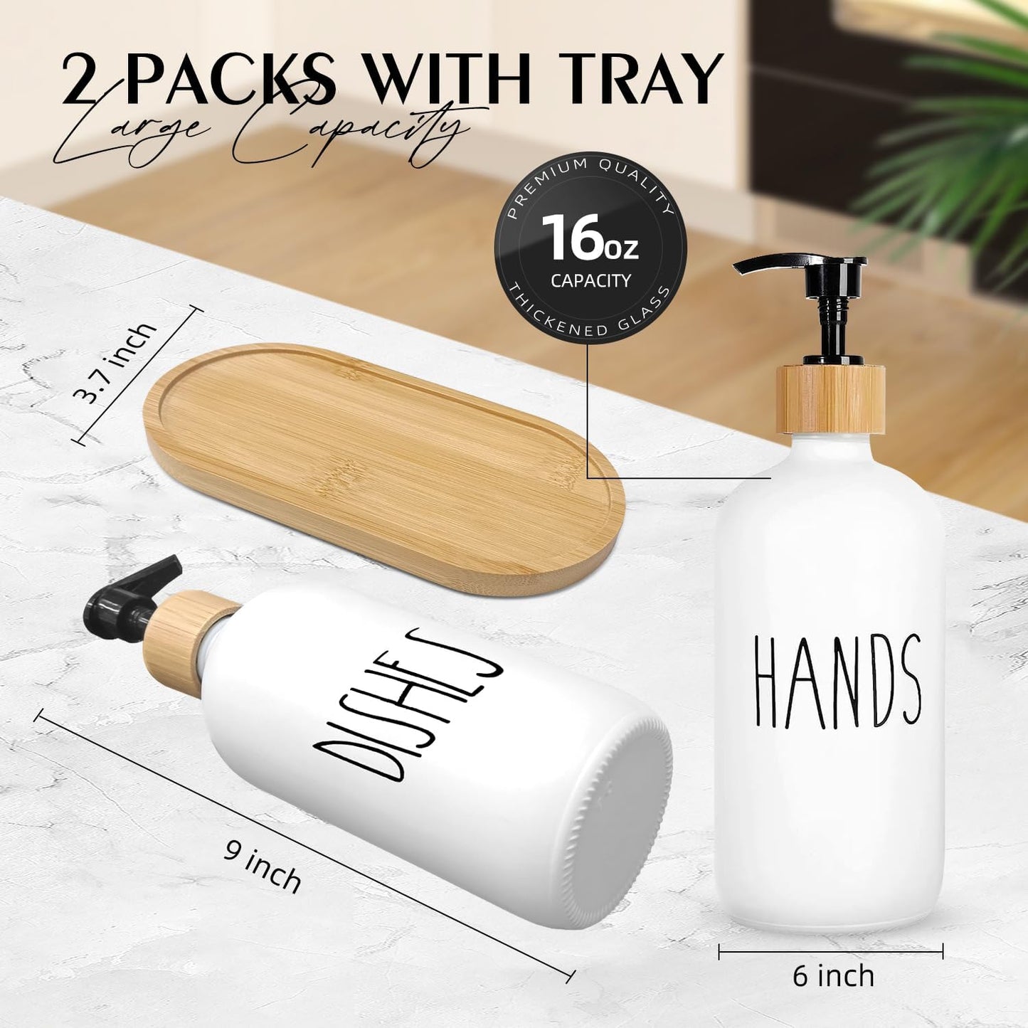 Arktek Glass Soap Dispenser Set with Tray, 2 Pack Hand and Dish Soap Dispenser Set for Bathroom and Kitchen Bottle Dispenser with Dish Soap, Hand Soap, Lotion 17 Oz (2 White)
