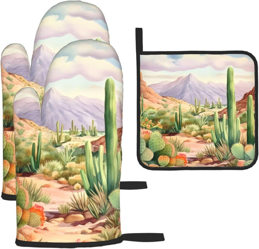 Desert Cactus Oven Mitts and Pot Holders Sets of 3 Heat Resistant Oven Gloves Hot Pads Non-Slip Kitchen Accessories for Baking Cooking Grilling BBQ