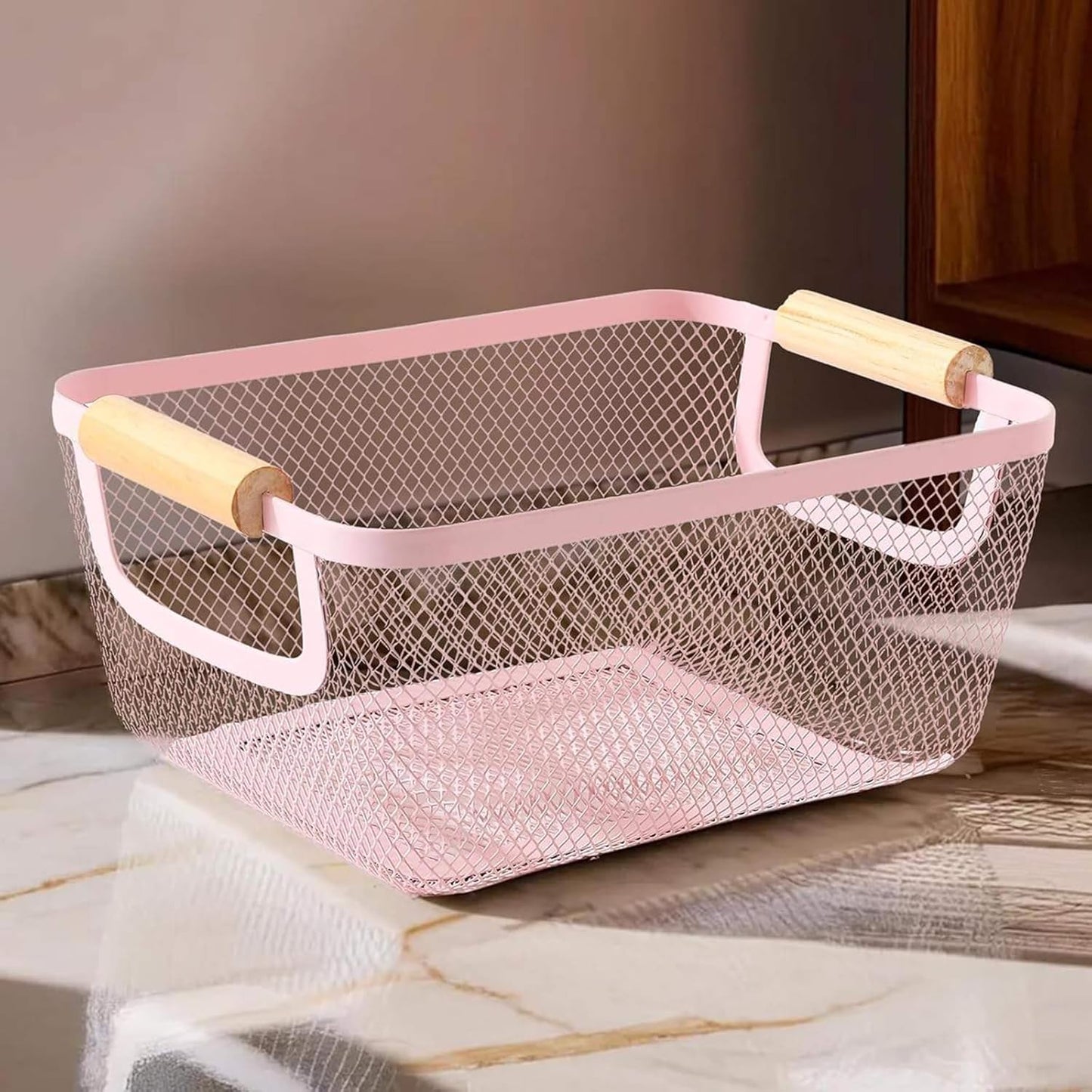 Metal Mesh Steel Basket, Small Wire Storage Organizer Baskets Multi-function Hanging Kitchen Basket with Wood Handle for Kitchen Bathroom Picnic Home, Rectangle-Pink