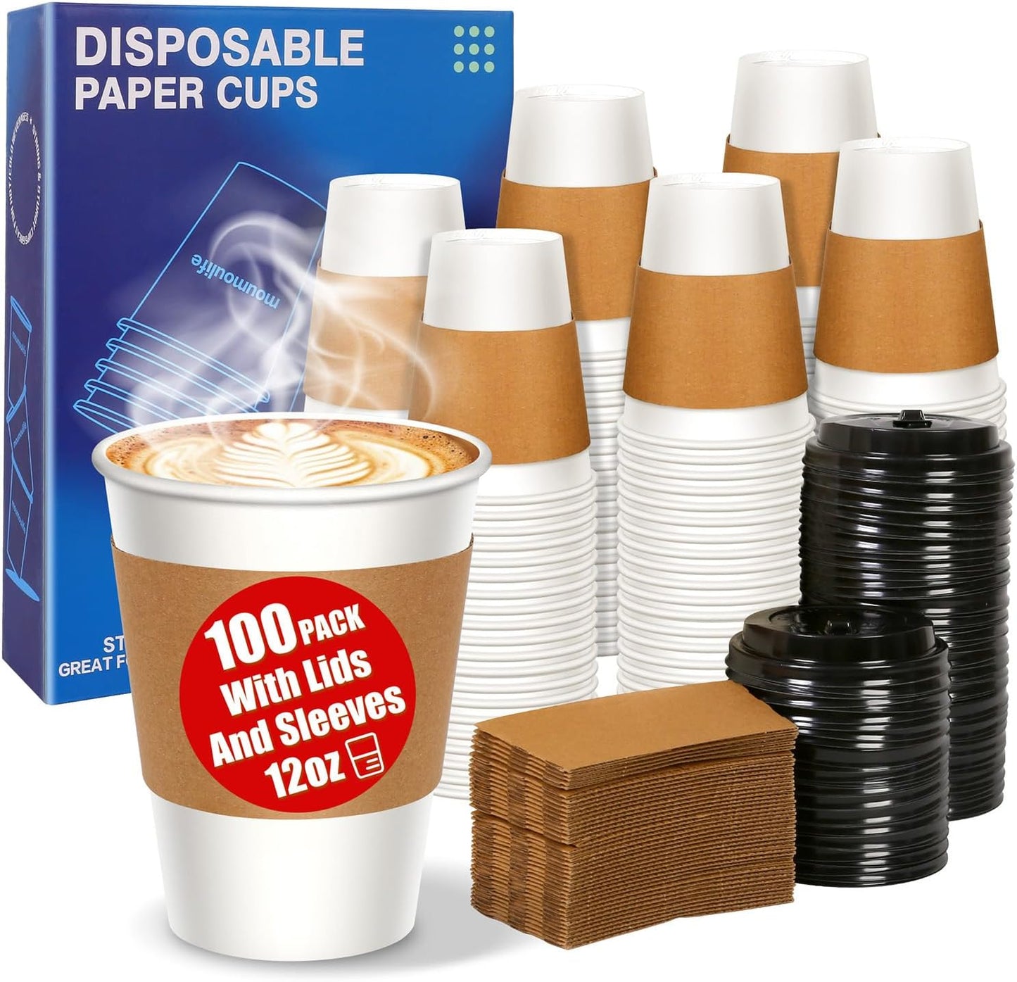 12 oz Paper Coffee Cups with Lids and Sleeves 100 Pack, Sturdy Leak-Proof Design for Hot Drinks, Disposable Coffee Cups for Office, Parties, and Travel