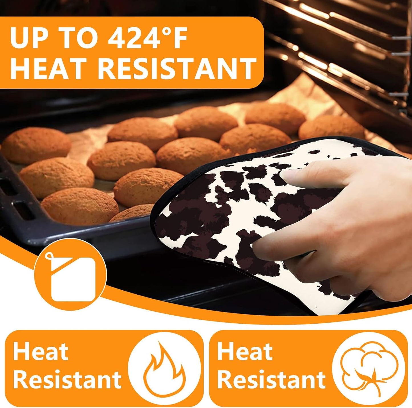 Black Cow Print Oven Mitts and Pot Holders Sets 4Pcs,Extra Long Oven Gloves Potholder for Kitchen Cooking Baking BBQ 100% Cotton Heat Resistant
