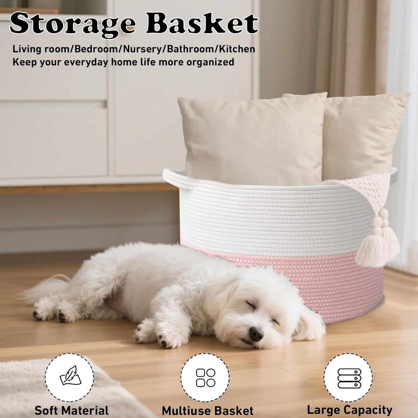 Large Blanket Basket for Organizing,115L Closet Organizers and Storage Bins Box for Shelves Woven Rope Storage Baskets,Living Room,Bedroom,Dorm,Laundry room (White&Pink)