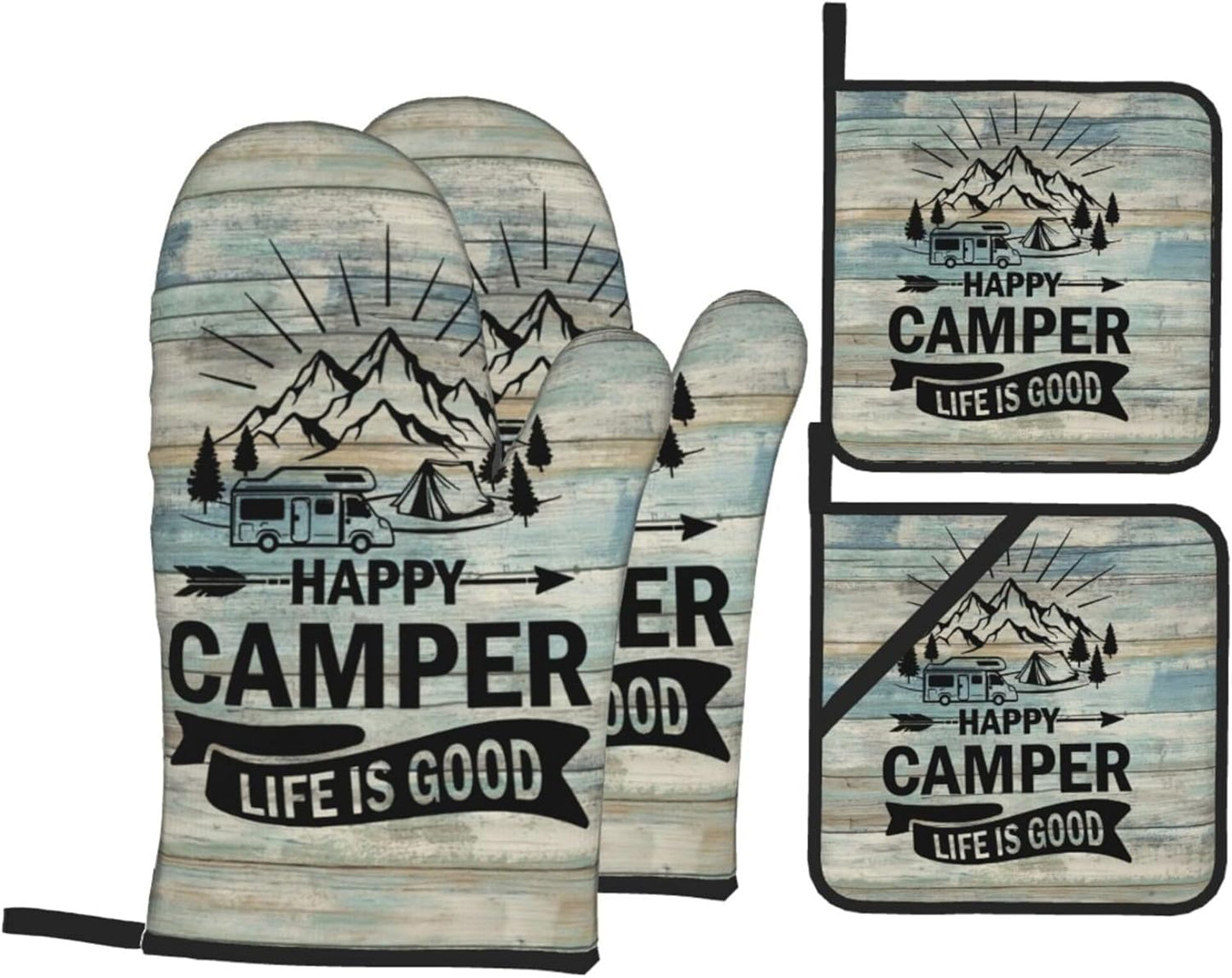 Happy Camper Oven Mitts and Pot Holders Sets of 4,Resistant Hot Pads with Polyester Non-Slip BBQ Gloves for Kitchen,Cooking,Baking,Grilling