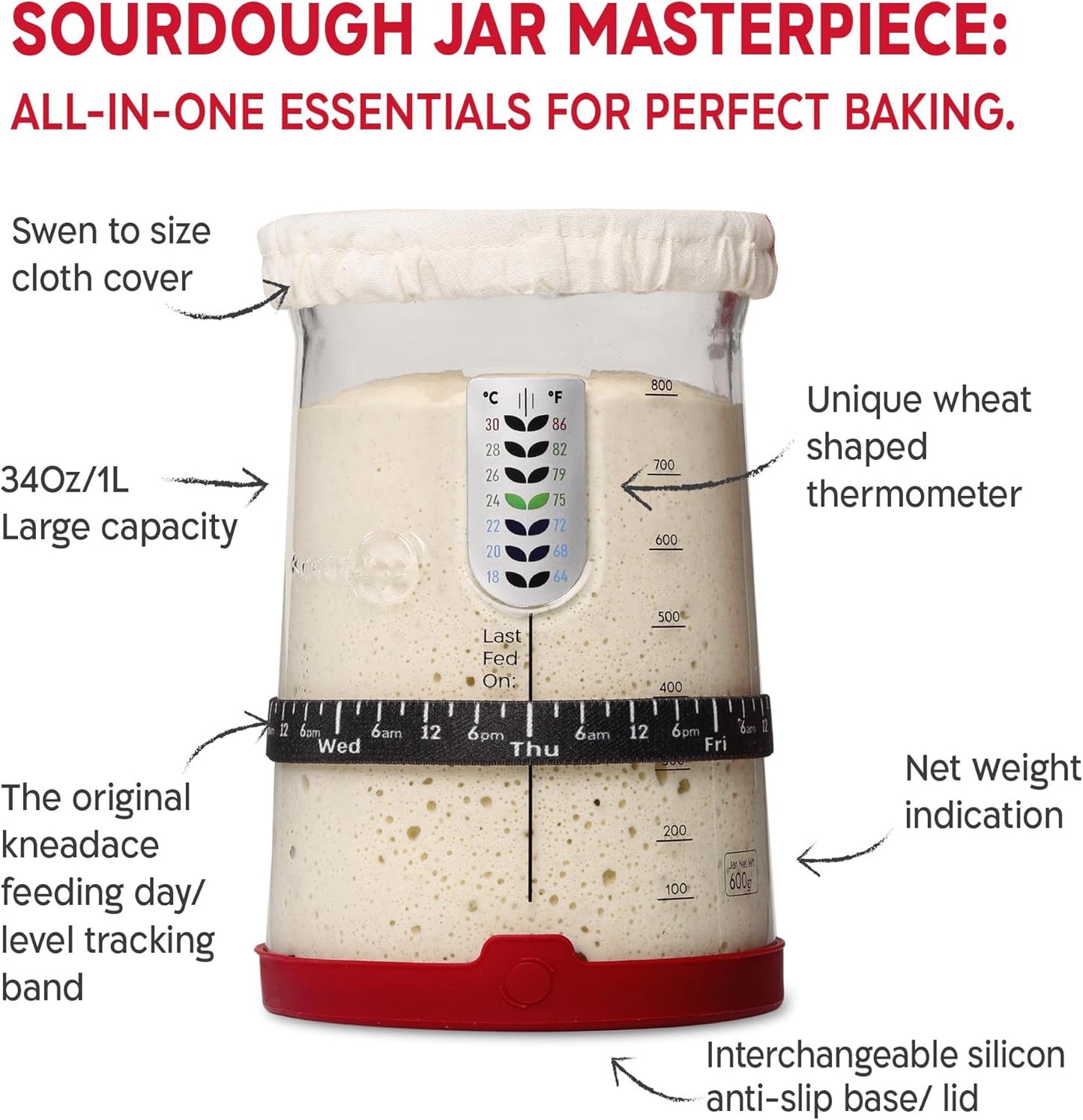 KneadAce Sourdough Starter Kit – 34oz Starter Jar, 2 Cotton Rope Banneton Proofing Baskets, Magnetic Bread Lame for Scoring – Gift for Bakers & Complete Sourdough Bread Baking Set