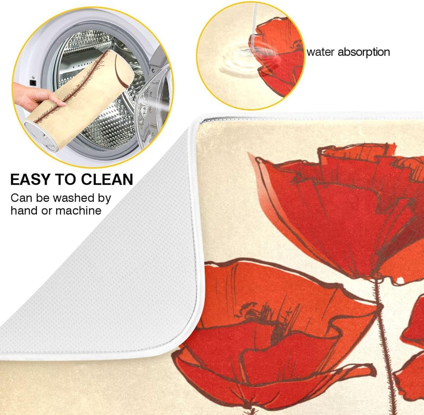 senya Super Absorbent Dish Drying Mat, Microfiber Fast-Drying 24''x18'', Kitchen Pad, Red Poppy Flowers Retro,(g289343168p523c558s1114)