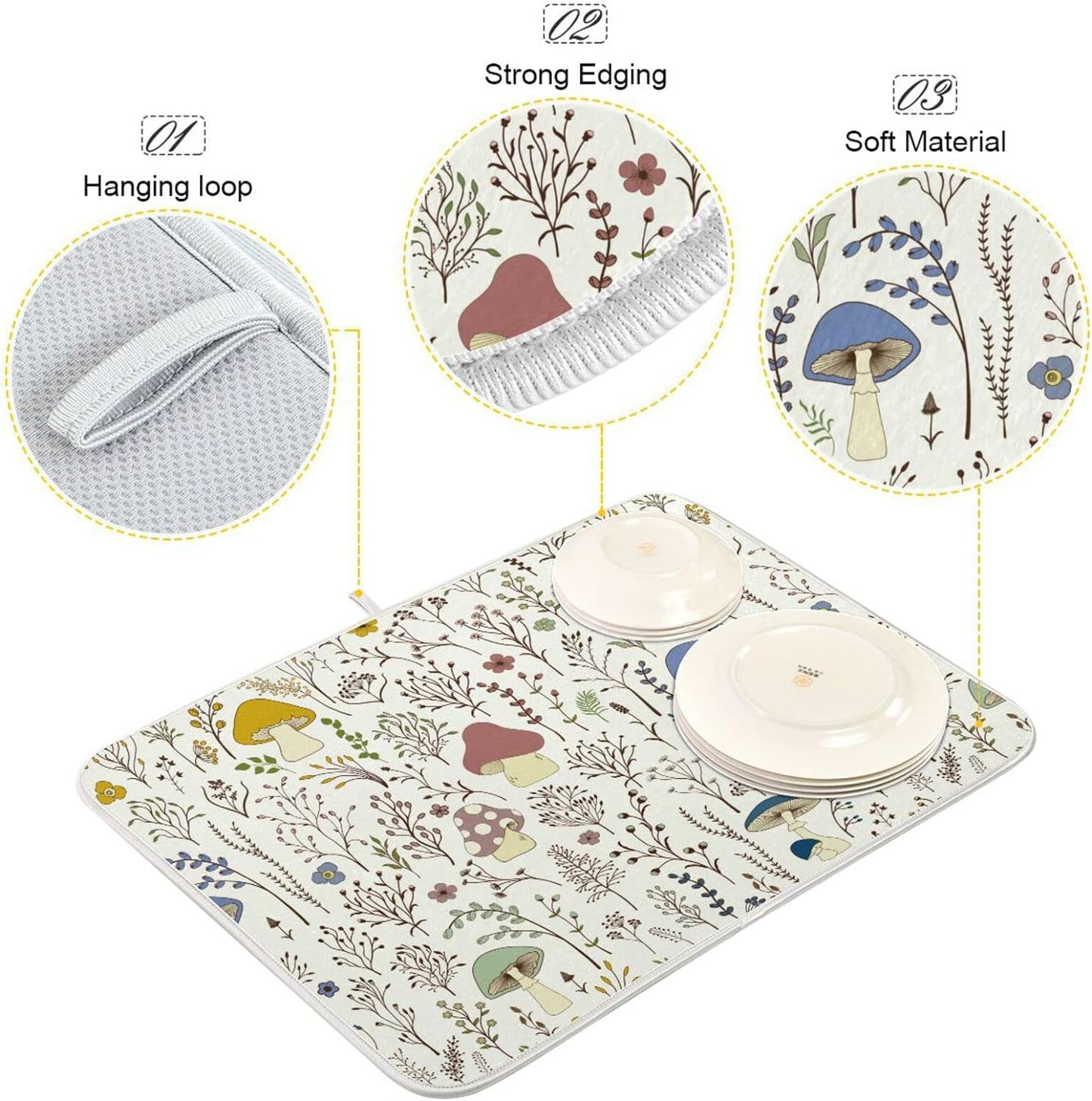Cute Mushroom Wild Plant Dish Drying Mat for Kitchen Counter Absorbent Microfiber Drying Pad, Large 18x24 in, Reversible Drainer Mats