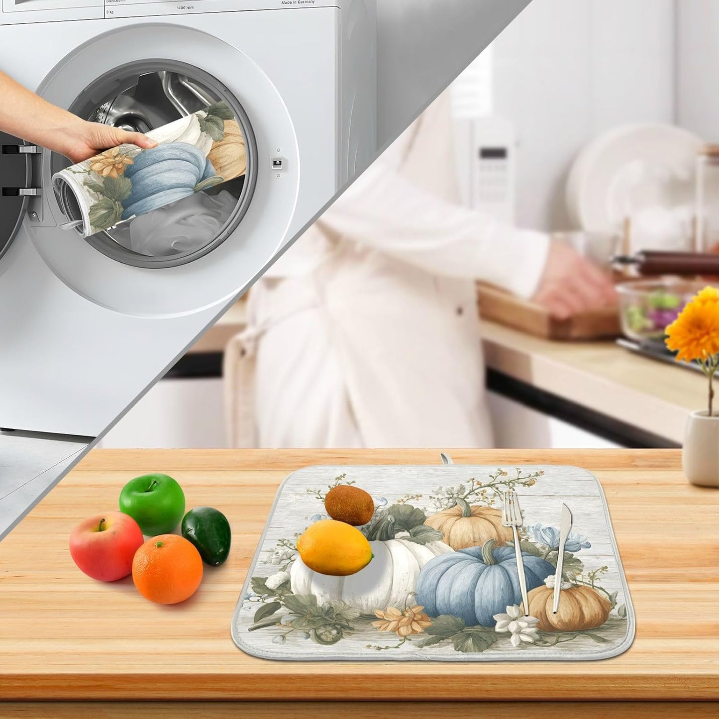 Fall Blue Orange Grey Pumpkin Thanksgiving Dish Drying Mat for Kitchen Counter Absorbent Microfiber Large Drying Pad Dish mats for Kitchen Countertops 18 x 24 Inch