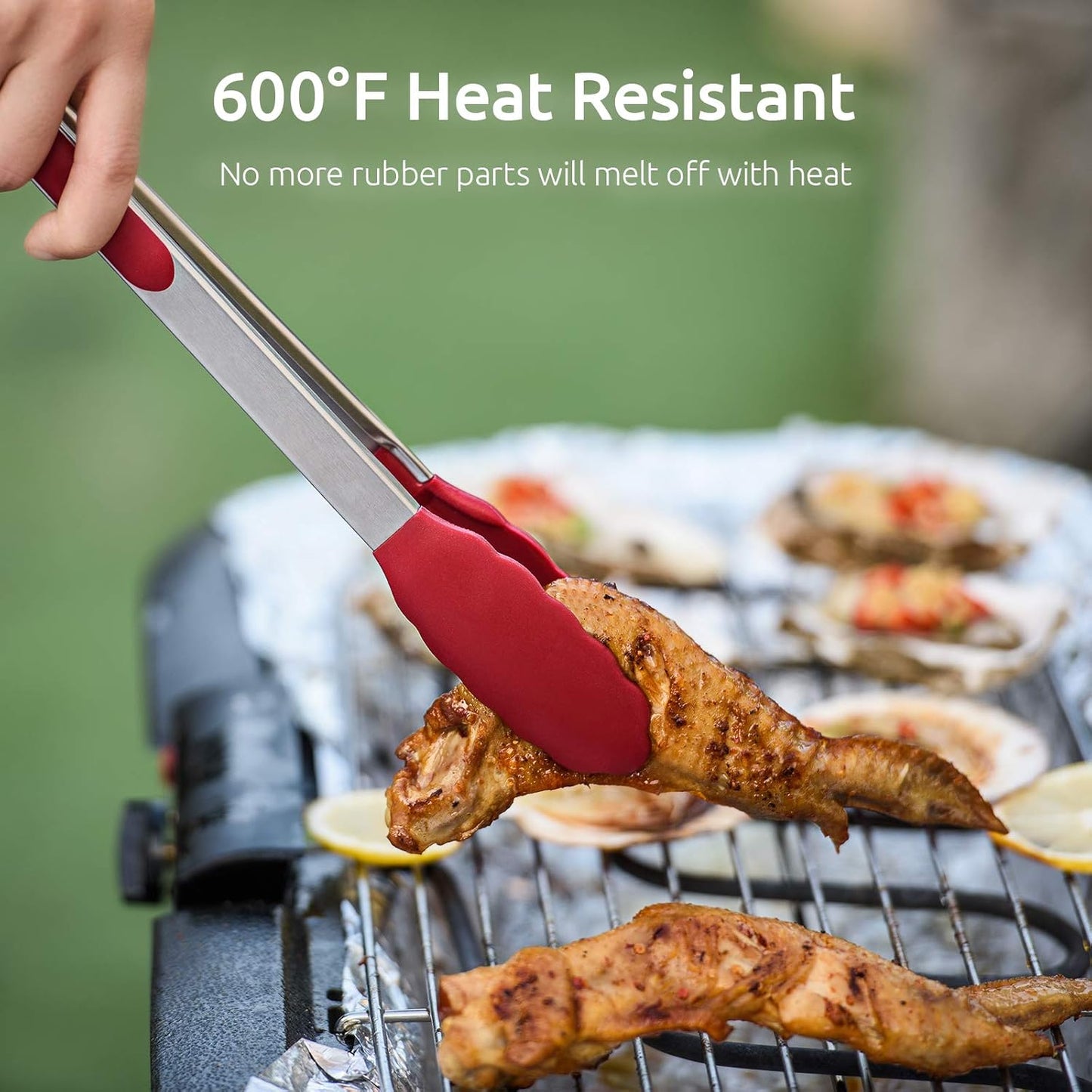 U-Taste Kitchen Tongs, 7/9/12 inches Cooking Tongs, with 600ºF High Heat-Resistant Non-Stick Silicone Tips, 18/8 Stainless Steel Handle, for Food Grill, Salad, BBQ, Frying, Serving, Pack of 3(Red)