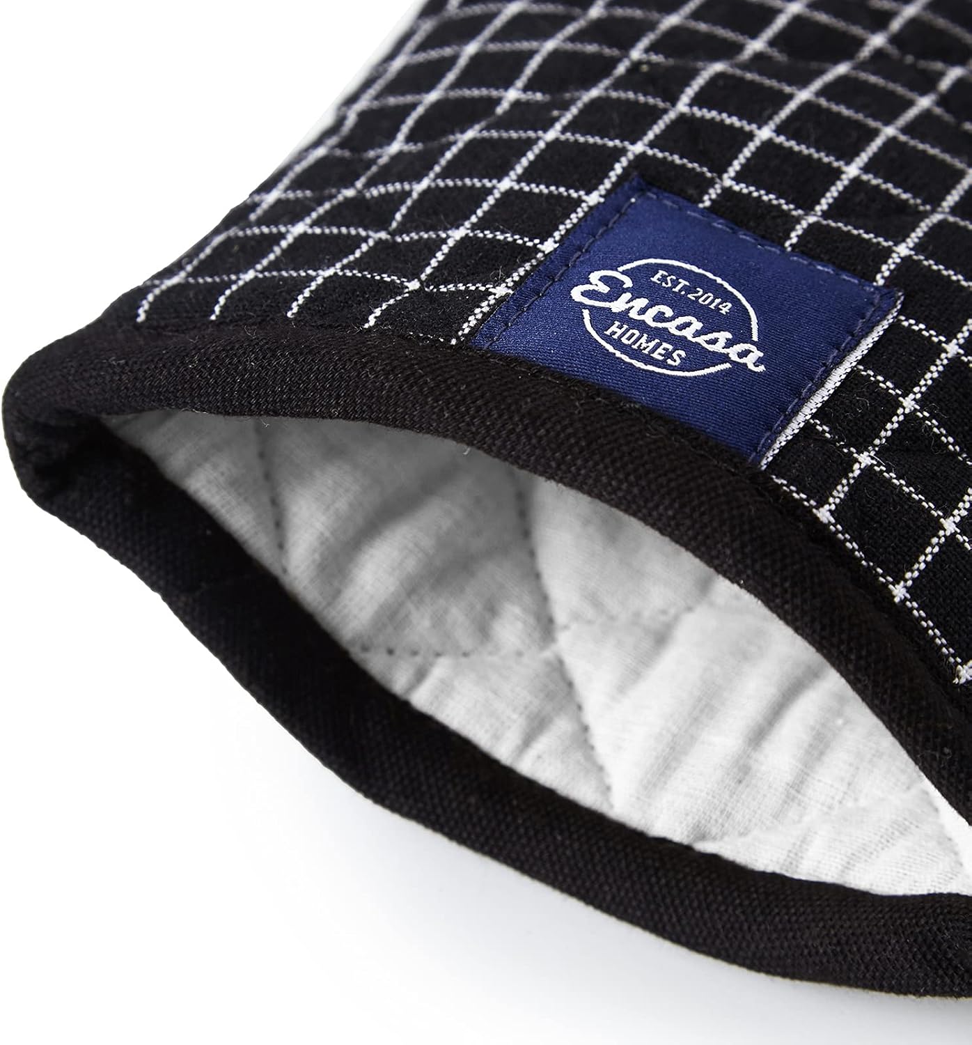 Encasa XO Long 12"x7" Oven Microwave Hand Gloves Mitts (2 pc Set) for Kitchen Cooking & Baking - Heat Resistant, Thick & Safe, Protection of Hands from Hot Utensils - Butcher Checks Black