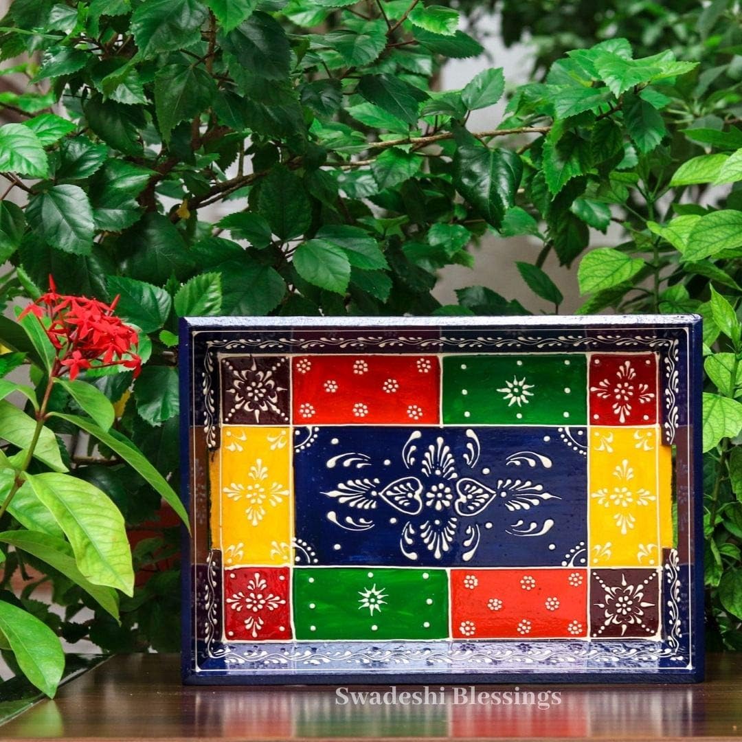 Swadeshi Blessings Wooden Serving Tray Set- Handcrafted & Hand-Painted for Kitchen/Table & Home Decor/Dinning/Gifts/Restaurants/Living Room/Coffee Table (Set of 3 Trays) (Blue)