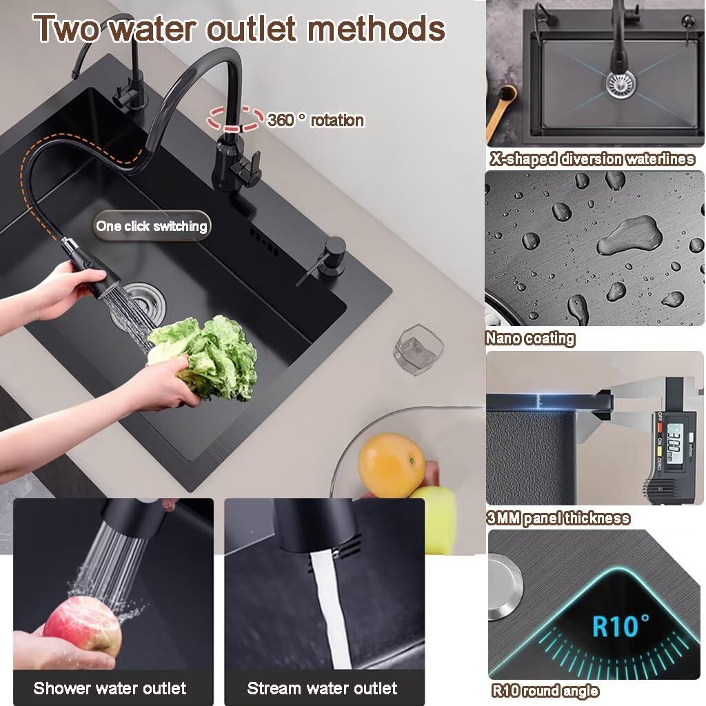 Black Drop in Kitchen Sink, Stainless Steel Single Bowl Sink with 3 Holes, Topmount Workstation Sink, Farmhouse Rectangle Basin with Multiple Accessories (26.8 * 17.7 * 7.9in)