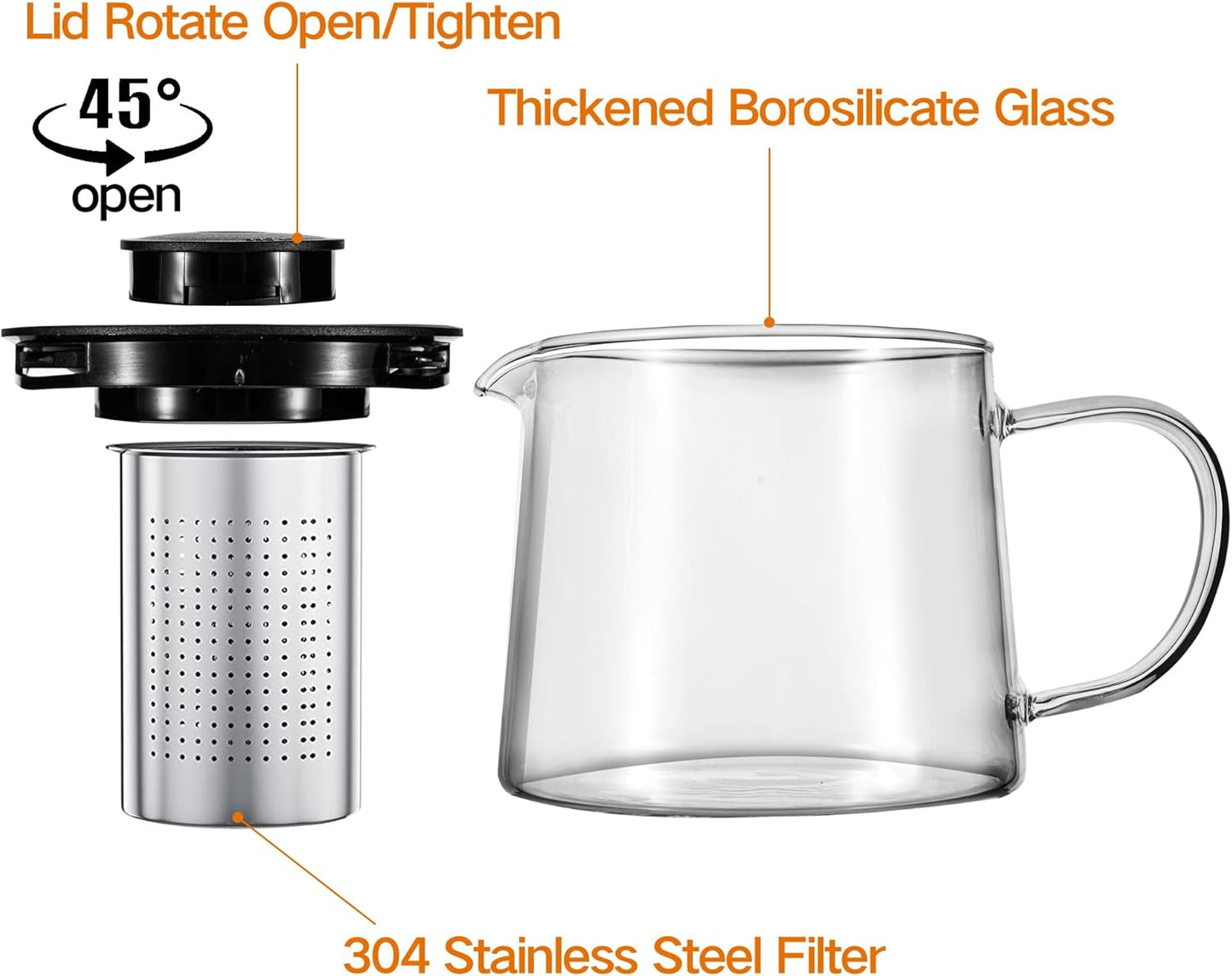 Glass Teapot 34oz/1000ml with 4 Pack Tea Cups Gift Set, Removable Stainless Steel Infuser, Heatproof Borosilicate Glass, Stovetop Safe for Loose and Blooming Leaf Tea