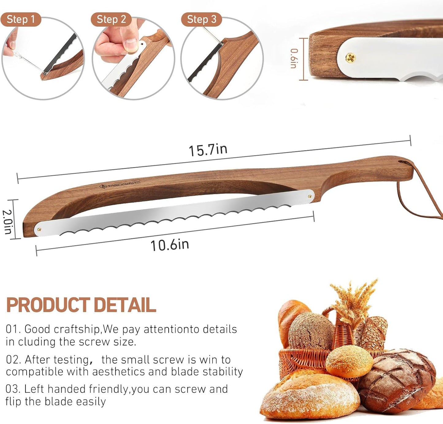 Bread Slicer Knife for Homemade Bread, Wooden Sourdough Bread Knife Cutter for Slicing, Serrated Bread Bow Knife Bread Saw Tool, Kitchen Baking Supplies (Acacia)