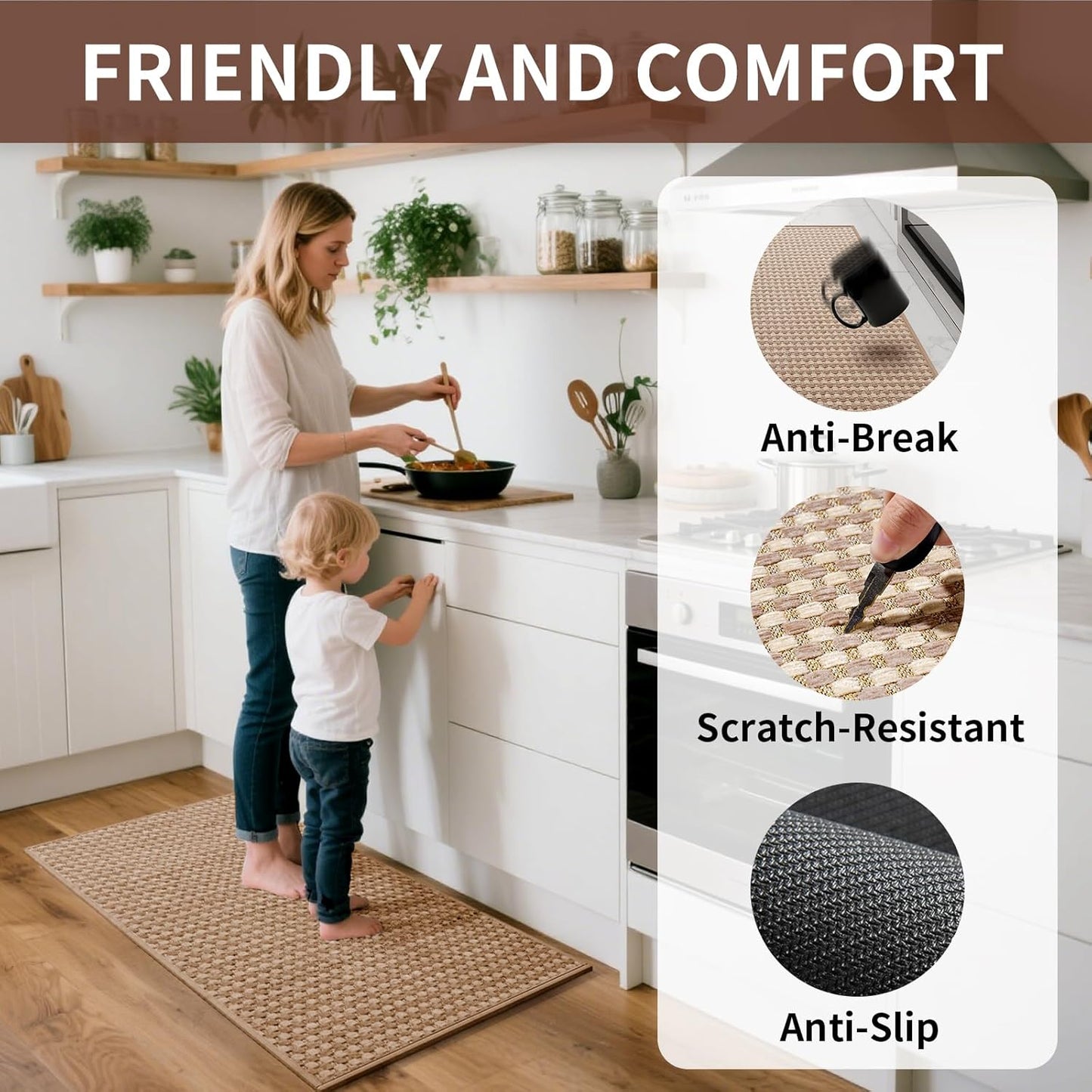 Kitchen Runner Rugs Non Slip Washable, Super Absorbent Soft Chenille Braided Kitchen Mats for Floor Rubber Backing Standing Sink Mat Floor Mat, Easy to Clean, Brown 17"x59"