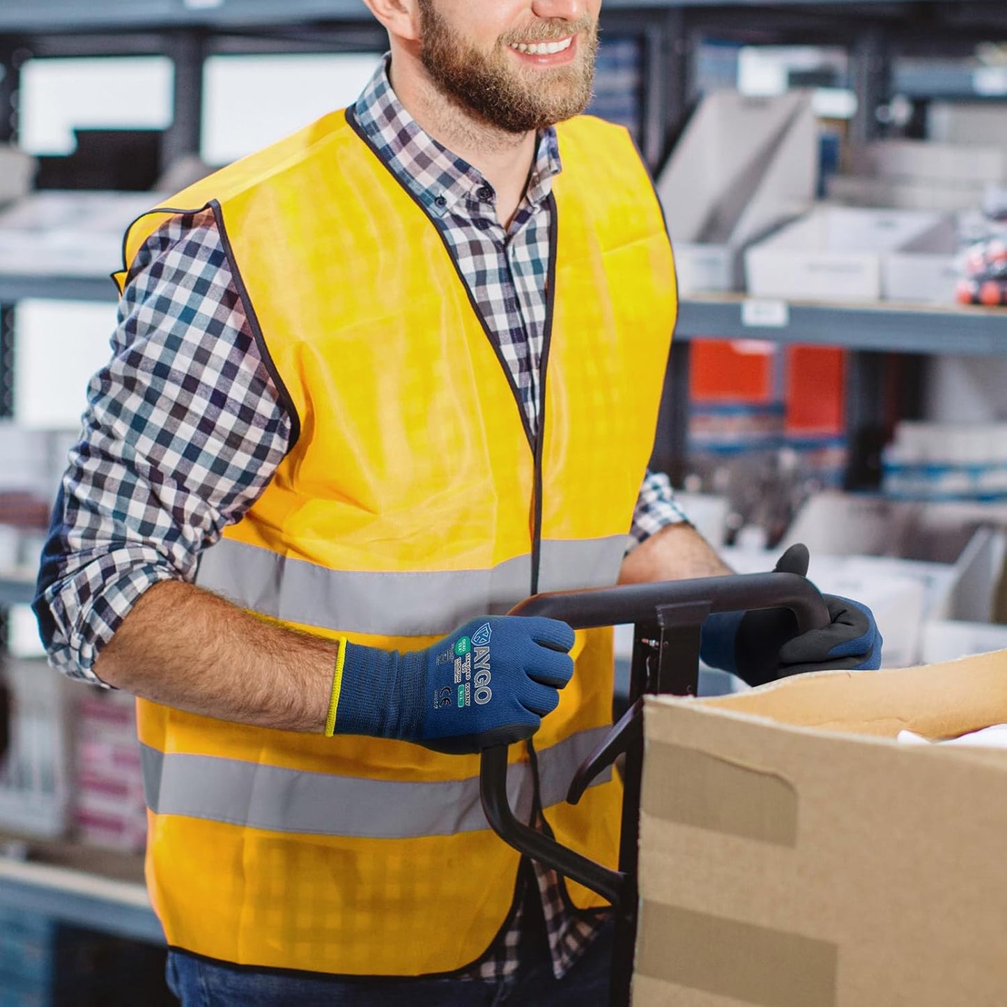 KAYGO Safety Work Gloves MicroFoam Nitrile Coated, 3 Pairs KG18NB,Seamless Knit Nylon Glove for Men and Women, Ideal for Automotive,Warehouse,Construction (S, Dark Blue)