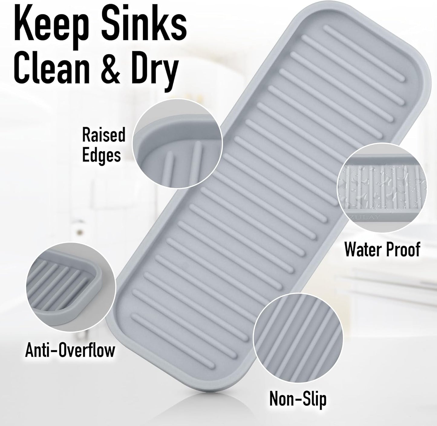 Zulay Kitchen (9x3.5) Silicone Sponge Holder for Kitchen Sink - Flexible Multipurpose Soap Tray - Sink Organizer for Kitchen, Bathroom, Makeup, Trinkets & More (Grey)