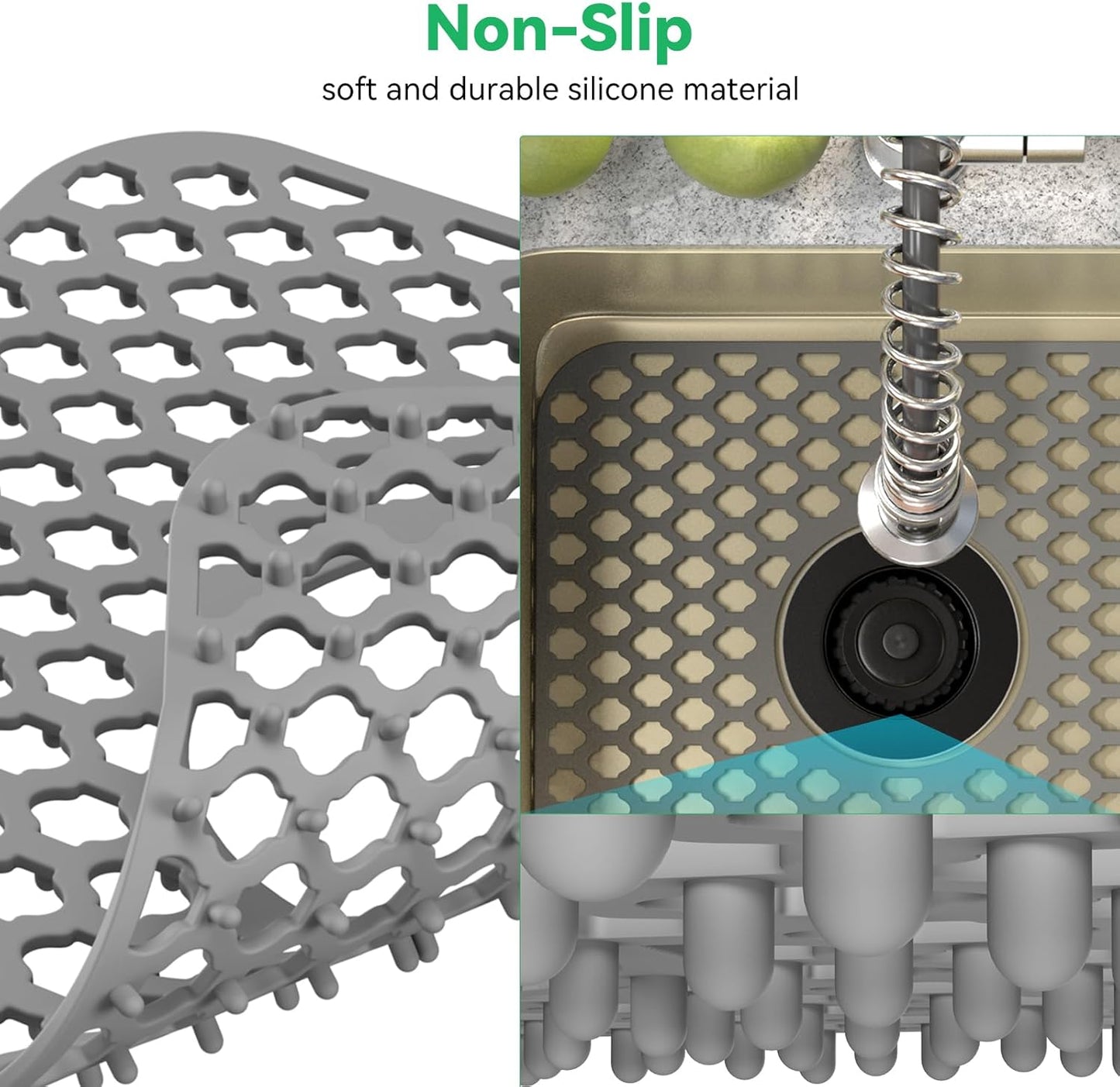 TOOVEM Kitchen Sink Mats, 2PCS Non-Slip Heat Resistant Silicone Sink Protector Mat, Folding Farmhouse Rear Drain Sink Mats, Center Drain, Grey