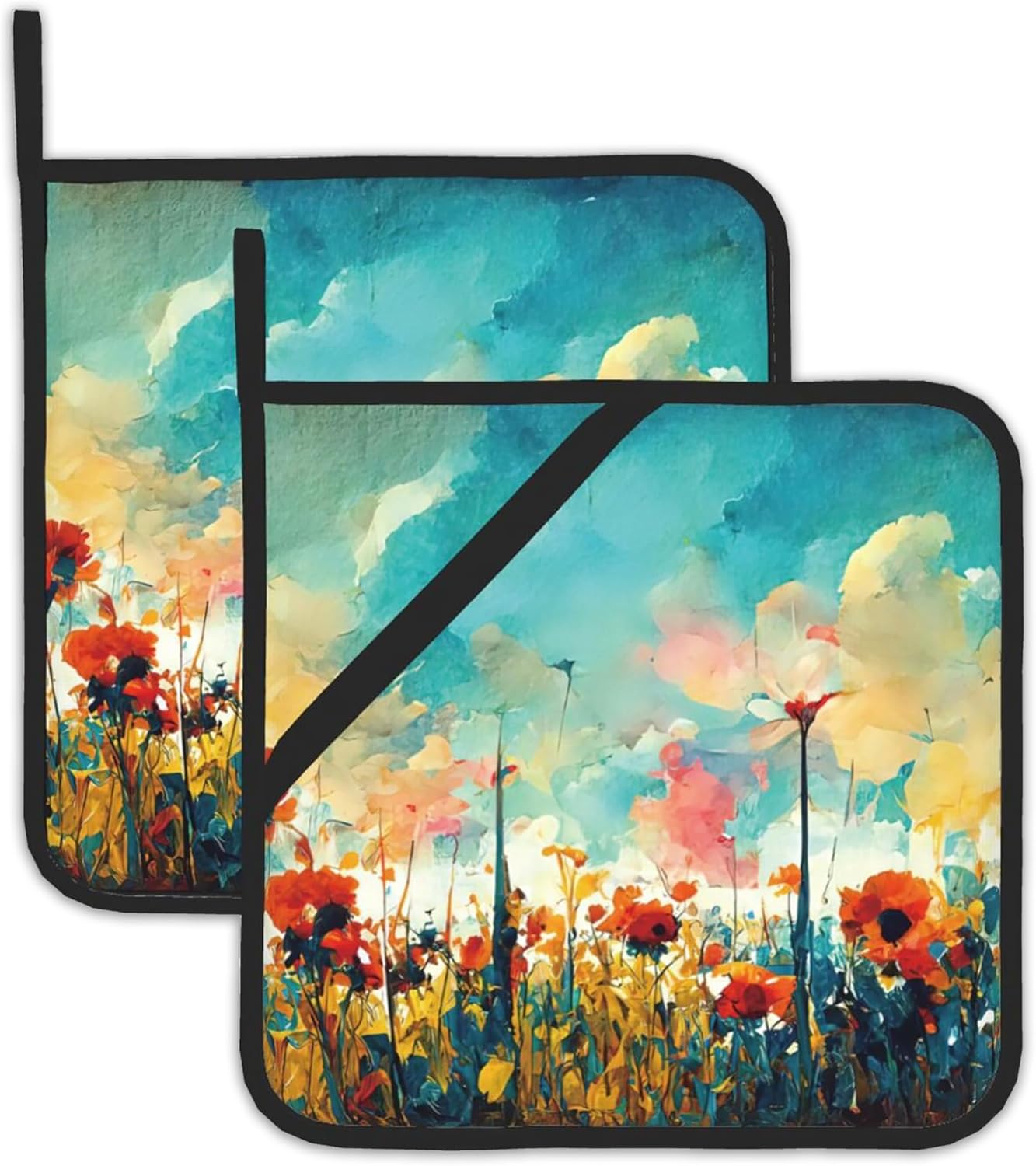 Abstract Red Poppy Flowers Pot Holders Set of 2, Kitchen Heat Resistant Potholder for Microwave Cooking Baking Oven End Dishes and BBQ