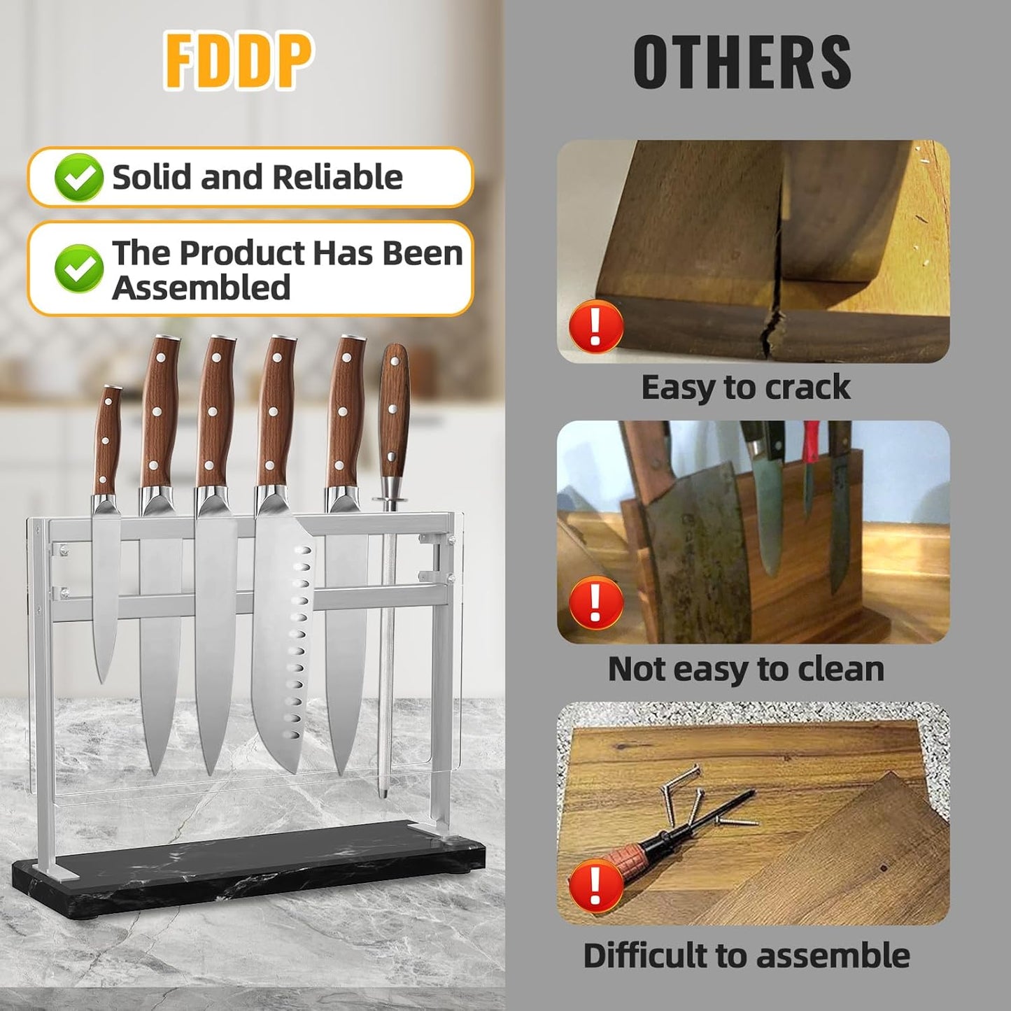 Magnetic Knife Stand Block with Marble Base, Double-sided Stainless Steel Magnets for Countertop with Acrylic Shield, Magnetic Knife Holder for Kitchen Storage, 12 IN, Black