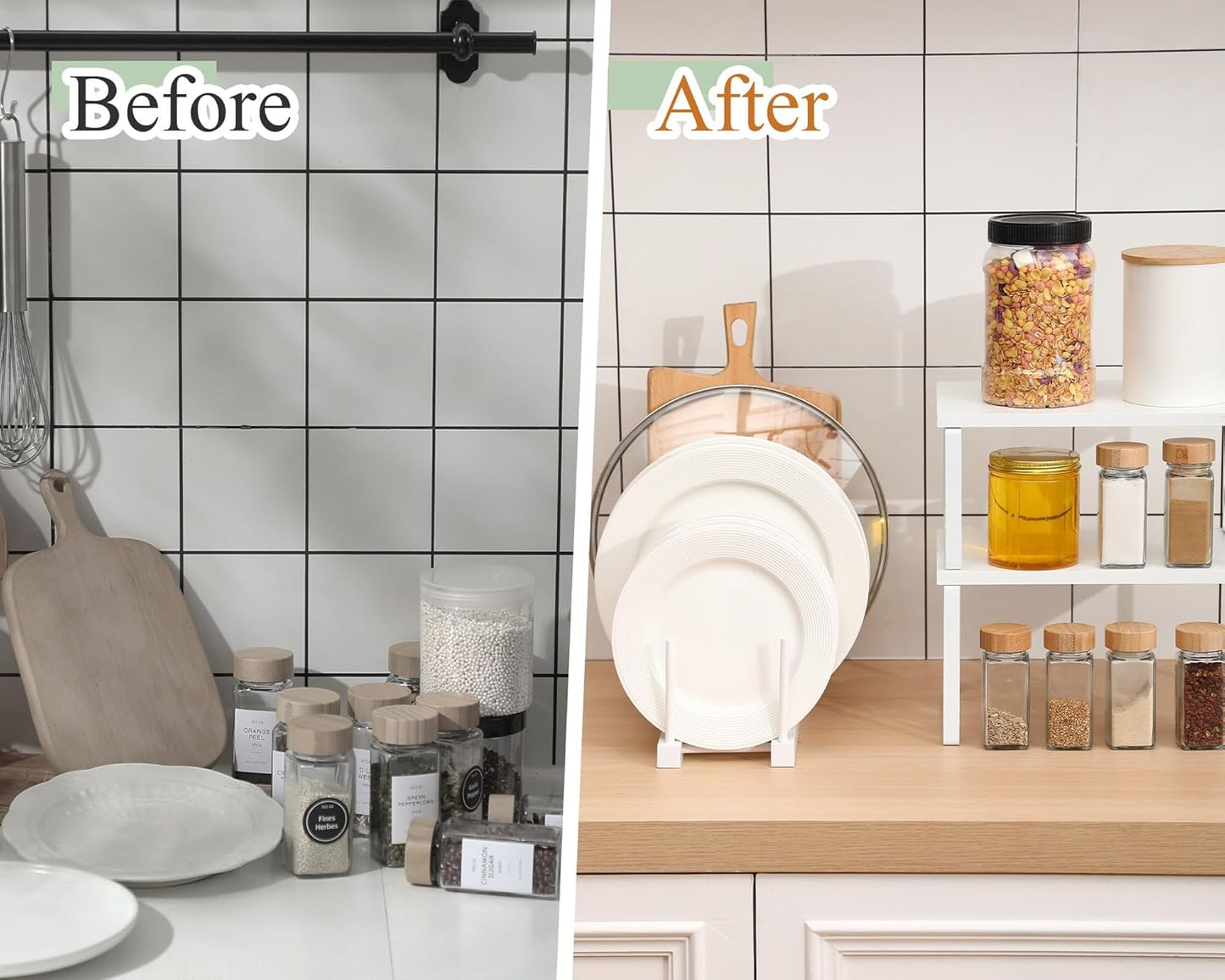 Marsui 4 Pcs Kitchen Organizer Accessories Set Cabinet Organizer Shelf and Bamboo Dish Drying Plate Rack Counter Shelves Storage Holder for Spice Rack, Dish, Pot Lid, Bowl, Cup (White)