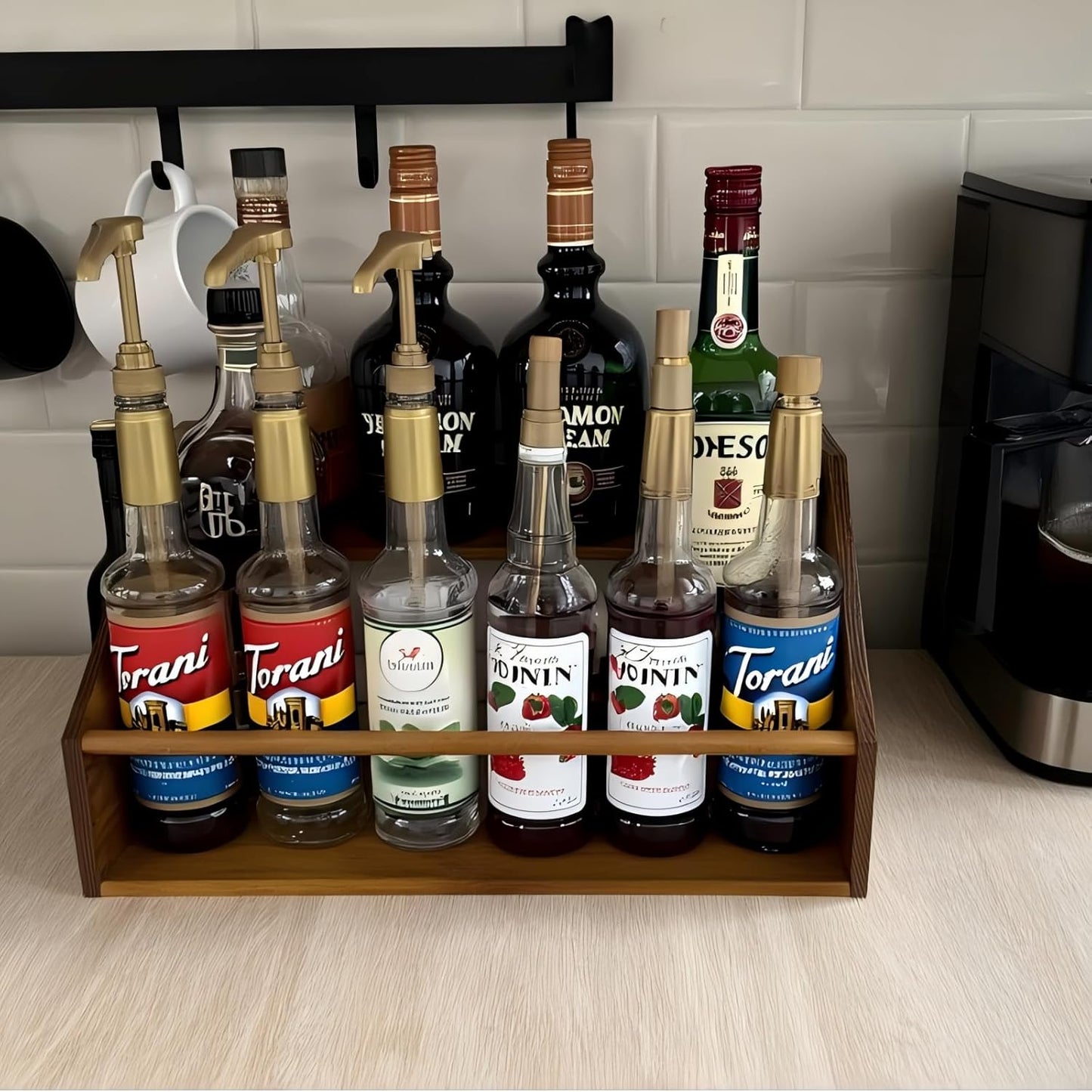 3 Tier Wood Liquor Bottle Display Shelf, Coffee Syrup Organizer Rack, Wine Racks Countertop, Bar Shelf for Vodka Tequila Whiskey, Liquor Cabinet for Home Decor, Mini Bar, Black Bar Organizer