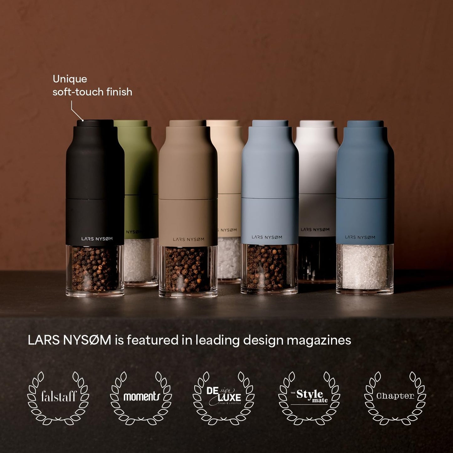 LARS NYSØM Salt and Pepper Grinder Set, Stainless Steel Manual Salt and Pepper Mills, Adjustable Ceramic Grinder, Design Spice Shakers (Sage Green)