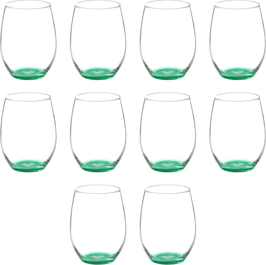 DISCOUNT PROMOS 10 ARC Stemless Wine Glasses Set, 21 oz. - Chardonnay, Cabernet, Merlot, Sauvignon - Green
