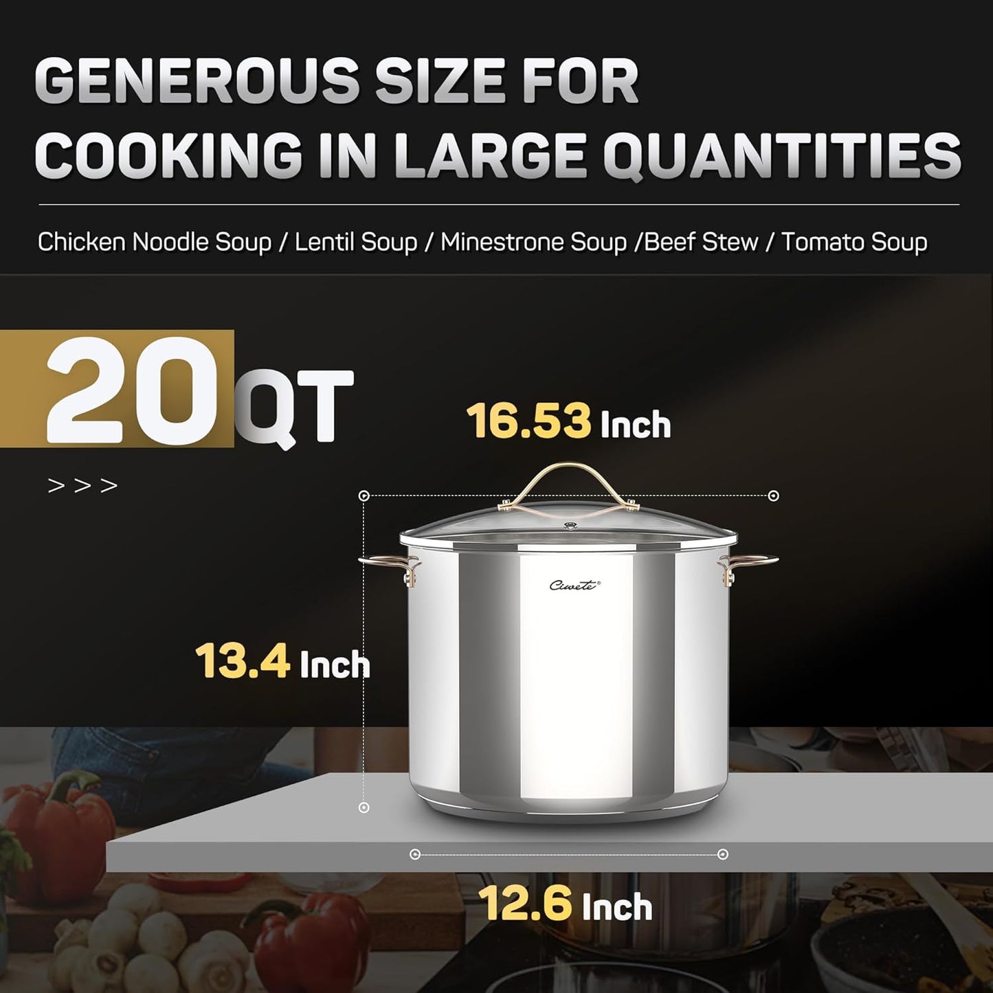 Stock Pot 20 Quart, 3 Ply Stainless Steel Stock Pot with Lid, 20 Quart Soup Pot with Copper Handle, Healthy Stockpots, Induction, Oven, Gas and Dishwasher Safe