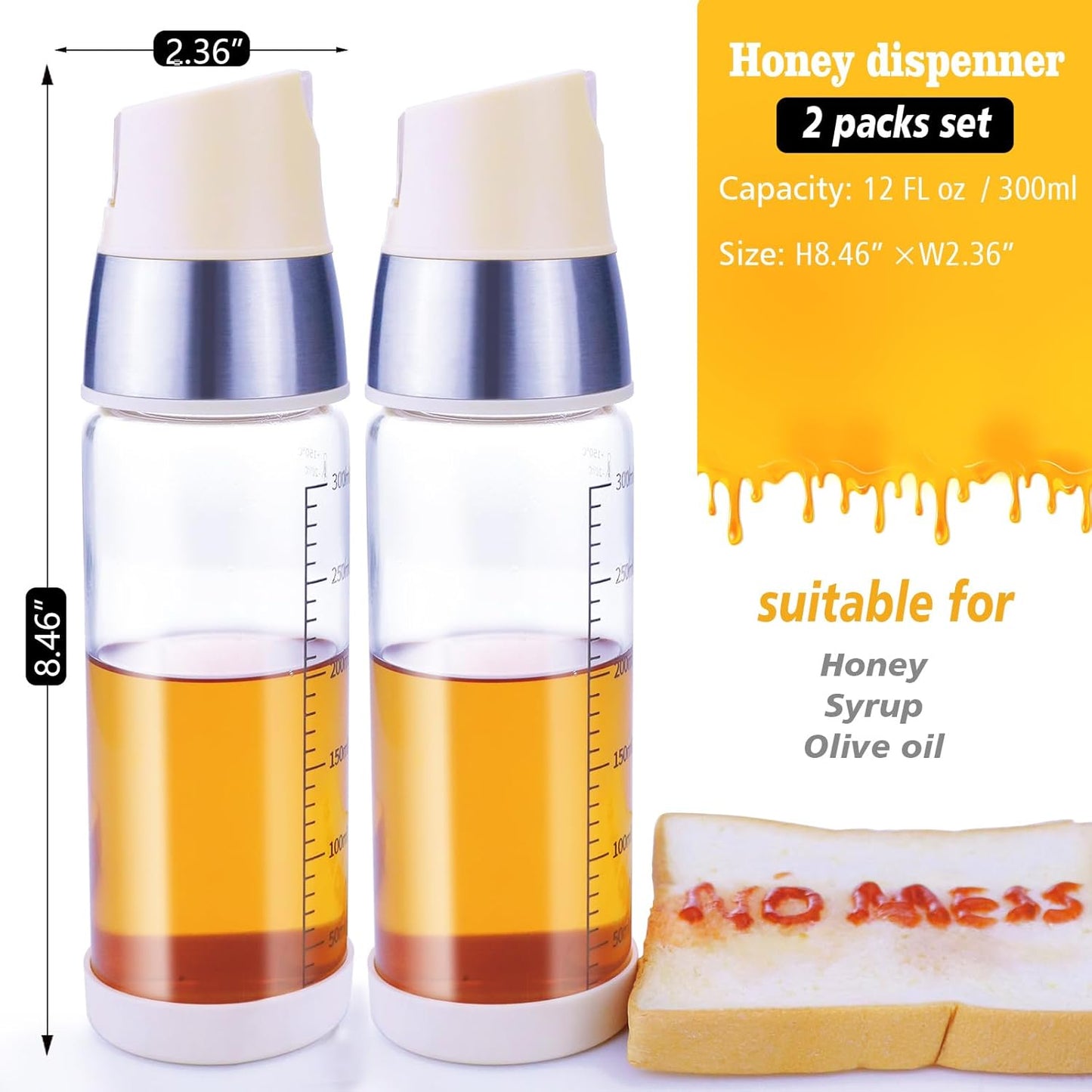 Honey Dispenser No Drip, Maple Syrup Bottle, Olive Oil Dispenser, Honey Jar with Stand, Beautiful Bottle Container, Perfect Honey Pot