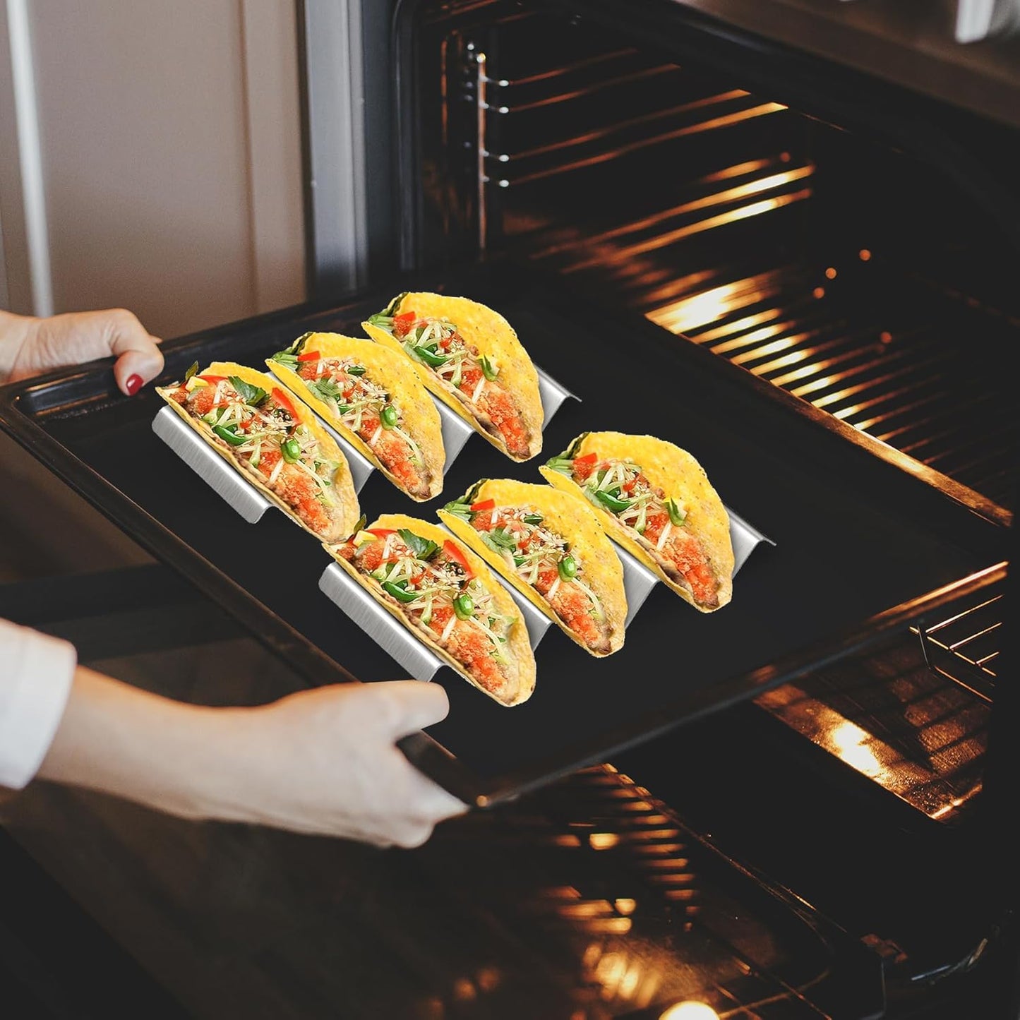 Taco Holder Set of 6, Stainless Steel Taco Holder Stand, Taco Rack Truck Tray Style with Easy-Access Handle, Oven, Grill and Dishwasher Safe