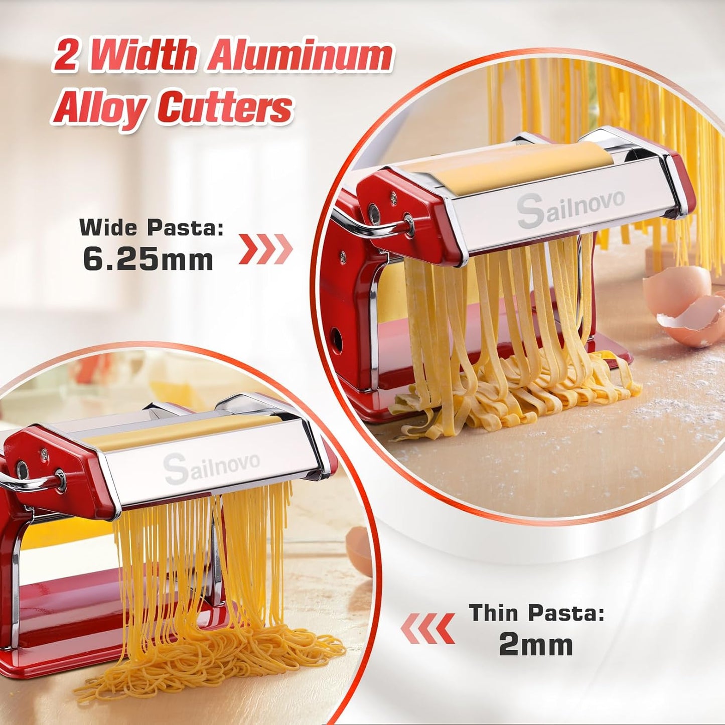 Sailnovo Pasta Maker Machine, 180 Roller Pasta Maker, 9 Adjustable Thickness Settings 2-in-1 Noodles Maker with Rollers and Cutter, Perfect for Spaghetti, Fettuccini, Lasagna or Dumpling Skin Red