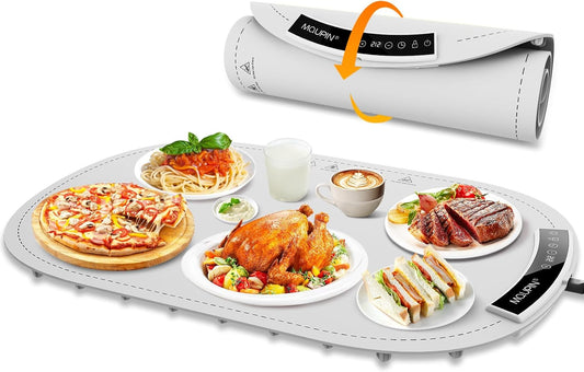 Warming Mat for Food, MQUPIN Food Warming Mat with 7 Temp Settings 1-4 H Timer and Child Safety Lock, Full Surface Heating Roll Up Electric Warming Tray for Gatherings,Parties,Buffet,Daily Use（Gray）