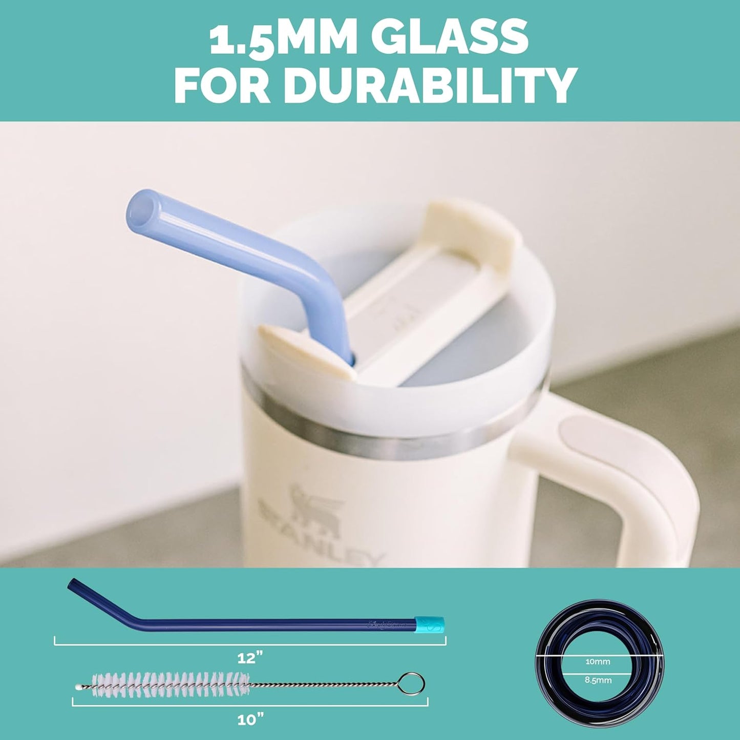Simply Straws 12 Inch Glass Straws Bent (6-Pack) – Reusable Glass Straws for Stanley 40 Oz Tumbler, with Cleaning Brush – Durable, Dishwasher Safe, Hot & Cold Use, BPA-Free (Marble)