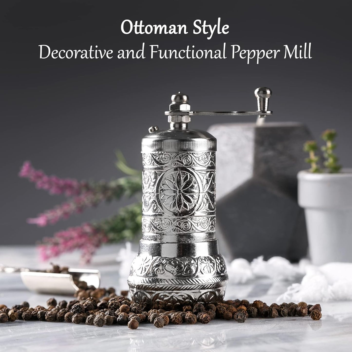 Decorative Black Pepper Grinder, Refillable Turkish Spice Mill with Adjustable Coarseness, Manual Pepper Mill with Handle, Spice Grinder Metal with Hand Crank, Bright Silver