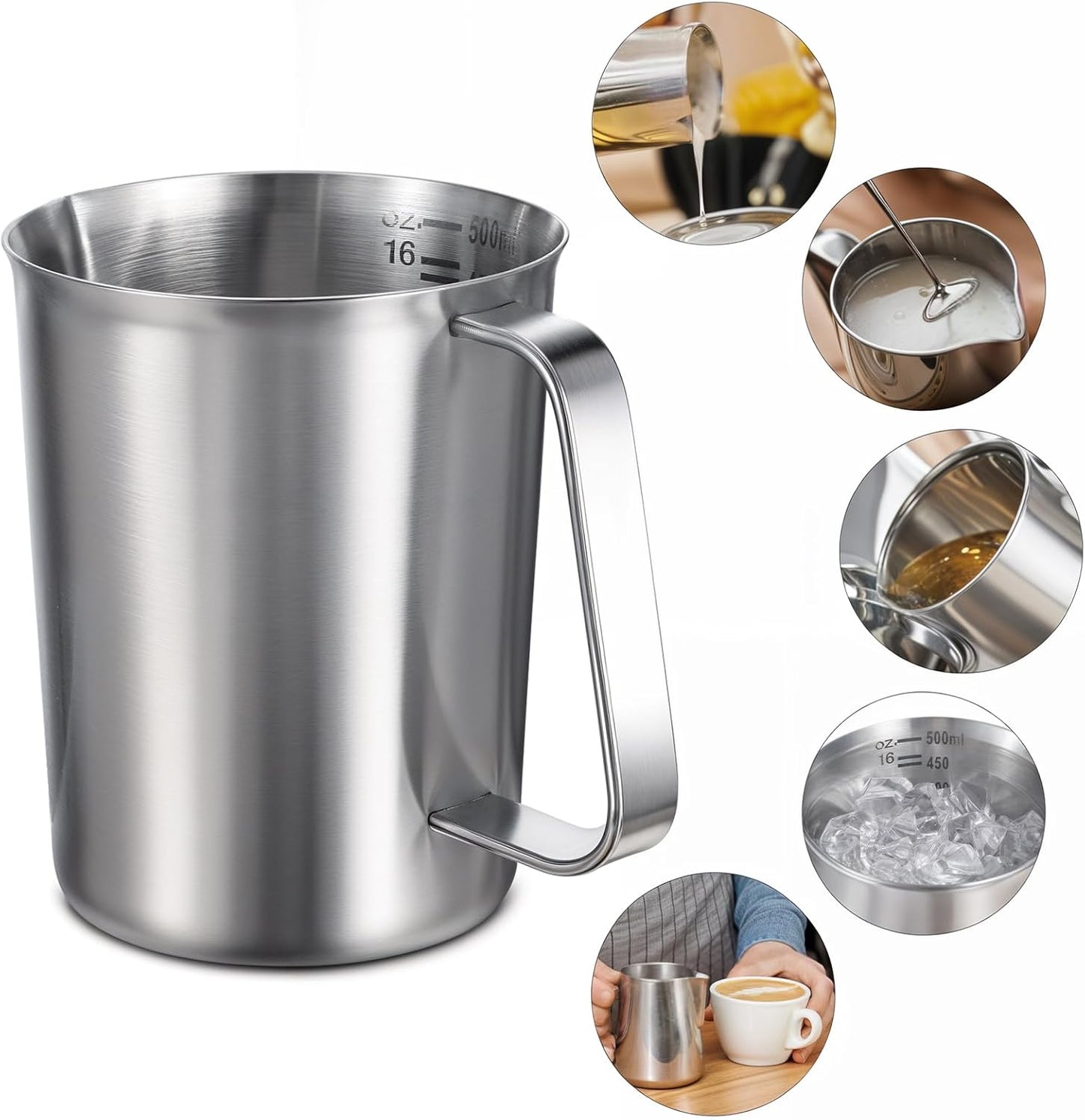 2 Pcs Stainless Steel Measuring Cup with Handle and Pour Lip, Metal Pitcher with Oz and ML marking, 16OZ/500ML), Heavy-Duty Pitcher