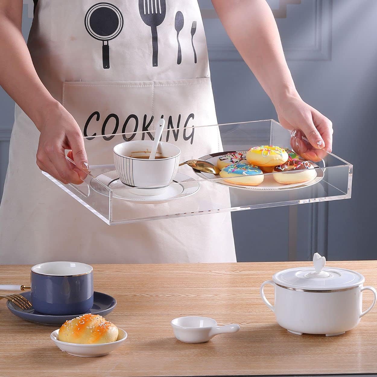 Modern Acrylic Ottoman Tray with Cutout Handles, Acrylic Serving, Organizer Decorative for Living Room, Bedroom,Bathroom and Kitchen Tabletop (Clear, 11x14 Inch)