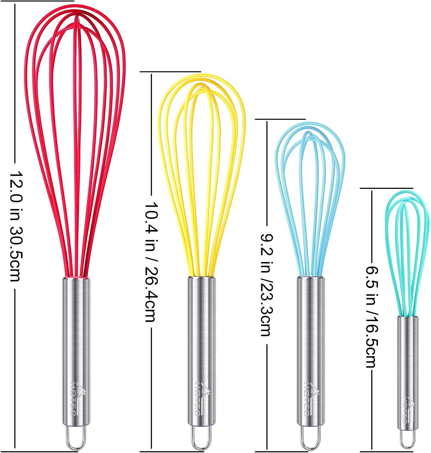 HOTEC 4 Pieces Silicone Whisks Set, Wire Balloon Whisks for cooking Egg Beater, Non-slip Handle Whisk for Non-stick Cookware Perfect for Cooking, Stirring, Beating and Blending (Multicolor)