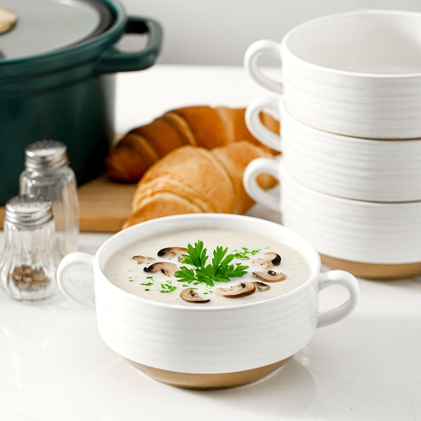 Hasense French Onion Soup Bowls, 20 oz Ceramic Soup Bowls with Handle, Stacked Oven Safe Bowl Set, Perfect for Chili, Beef Stew, Pasta, White Soup Serving Bowls for Kitchen, Set of 4