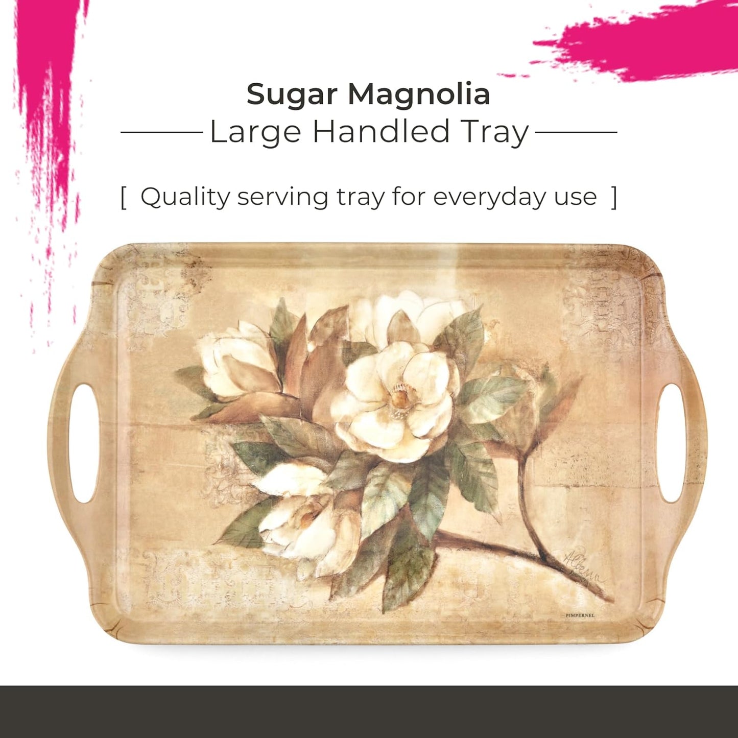 Pimpernel Sugar Magnolia Large Handled Tray - Rectangular Melamine Serving Tray with Bright Floral Magnolia Design & Side Handles - Dishwasher Safe Platter for Snacks Drinks/Decorative Table Display
