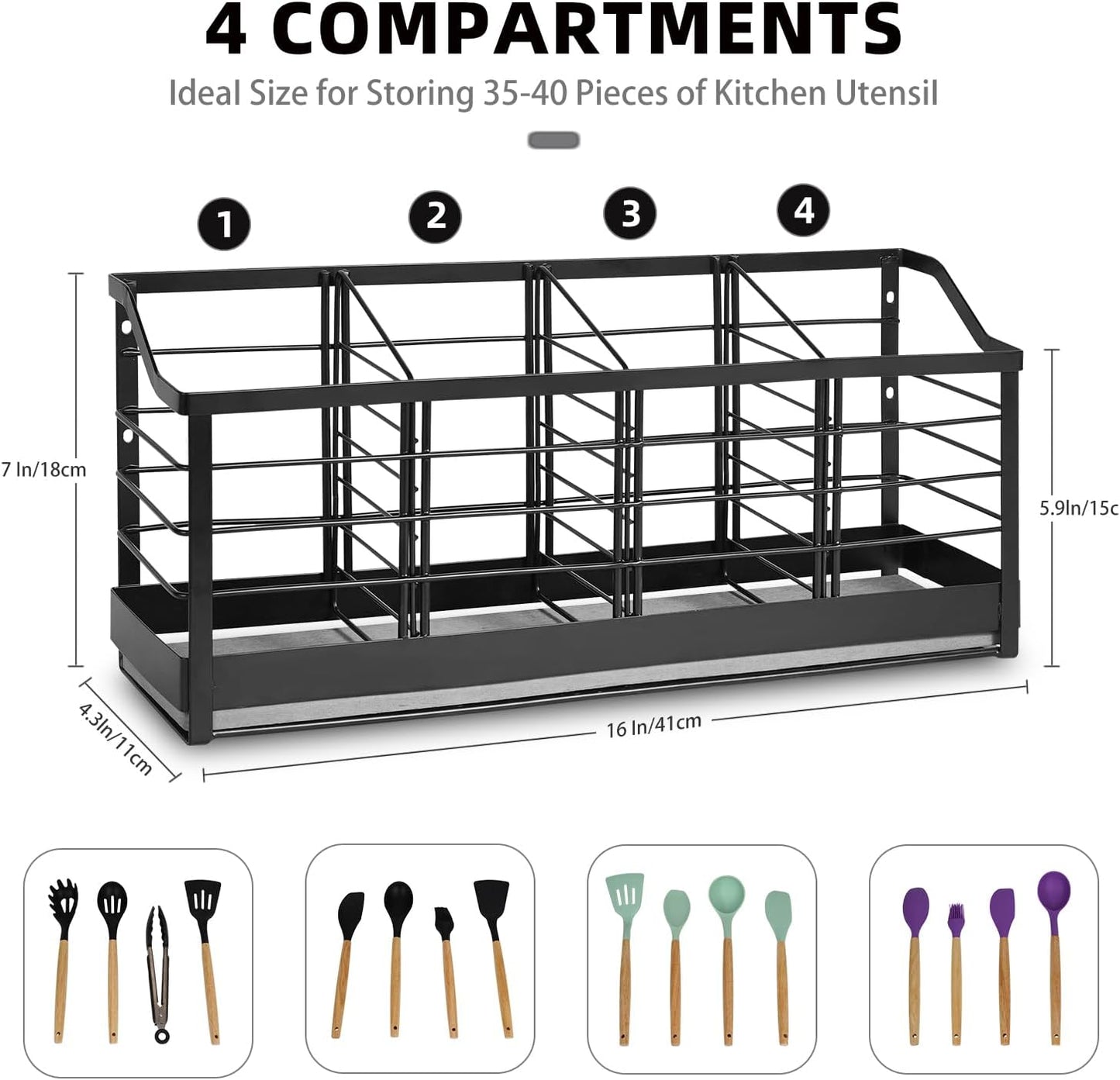 Large Kitchen Utensil Holder with Diatomite Base – Wall-Mountable Utensil Caddy with 4 Compartments – Fast-Drying Matte Black Utensil Organizer for Kitchen Countertop or Wall