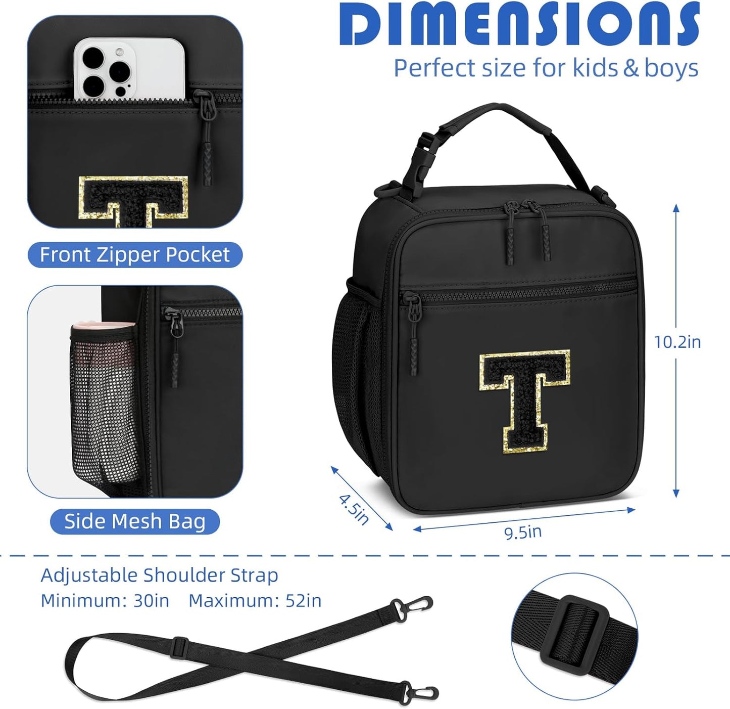 Initial Insulated Lunch Bag for Boys Kids, Back to School Gift, Reusable Leak-proof Lunch Box with Adjustable Strap for School Daycare Travel Picnic（Black，T）